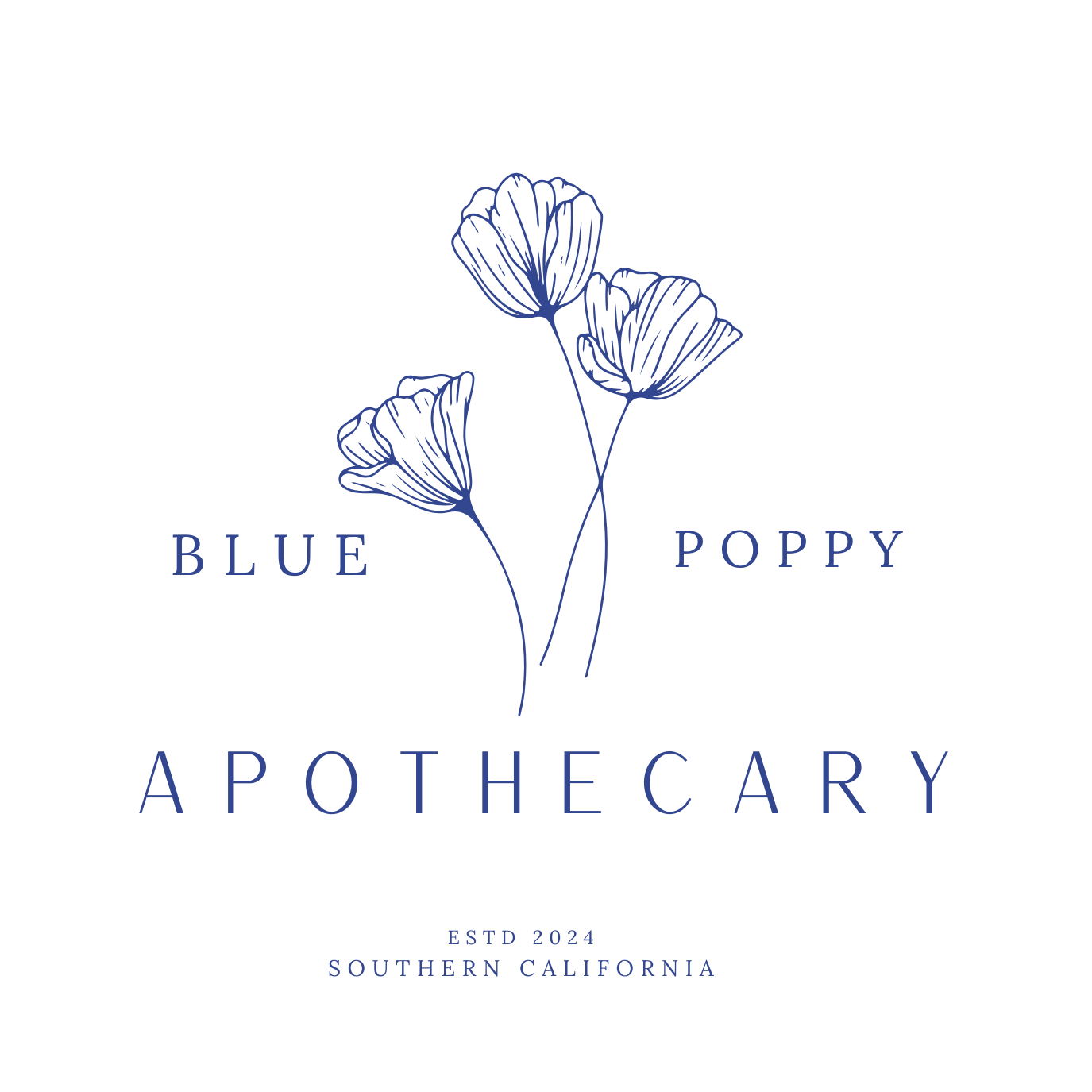 Logo for Blue Poppy Apothecary featuring a simple line drawing of three blue poppies and text stating 'Blue Poppy Apothecary,' established in 2024 in Southern California.