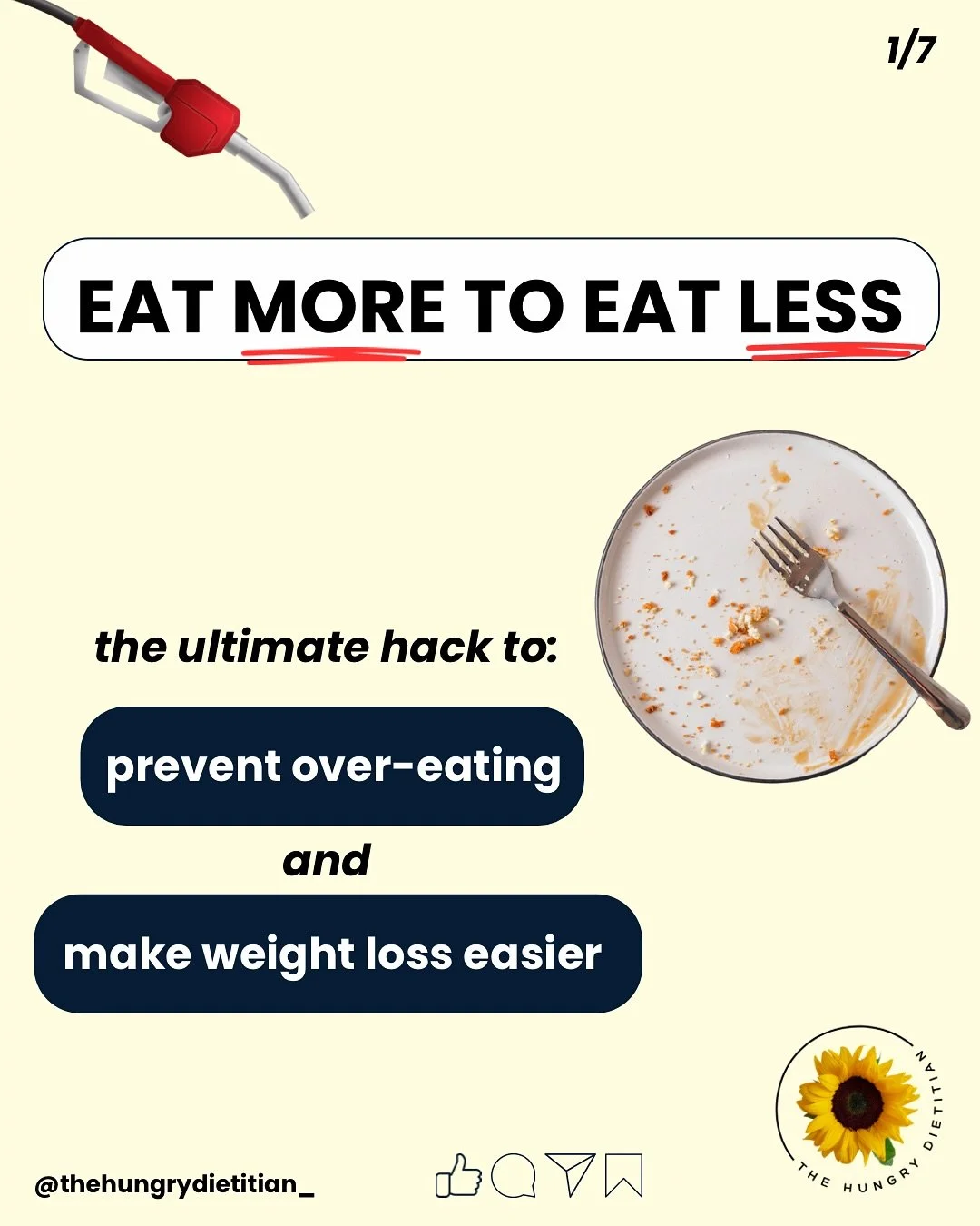 Seems backward but actively eating MORE can be the key to achieving weight loss:
🥚MORE protein
🥗MORE vegetables 
🍎🥜MORE food in the afternoon
These can prevent us from overeating and help us feel more satisfied and sustained throughout the day -