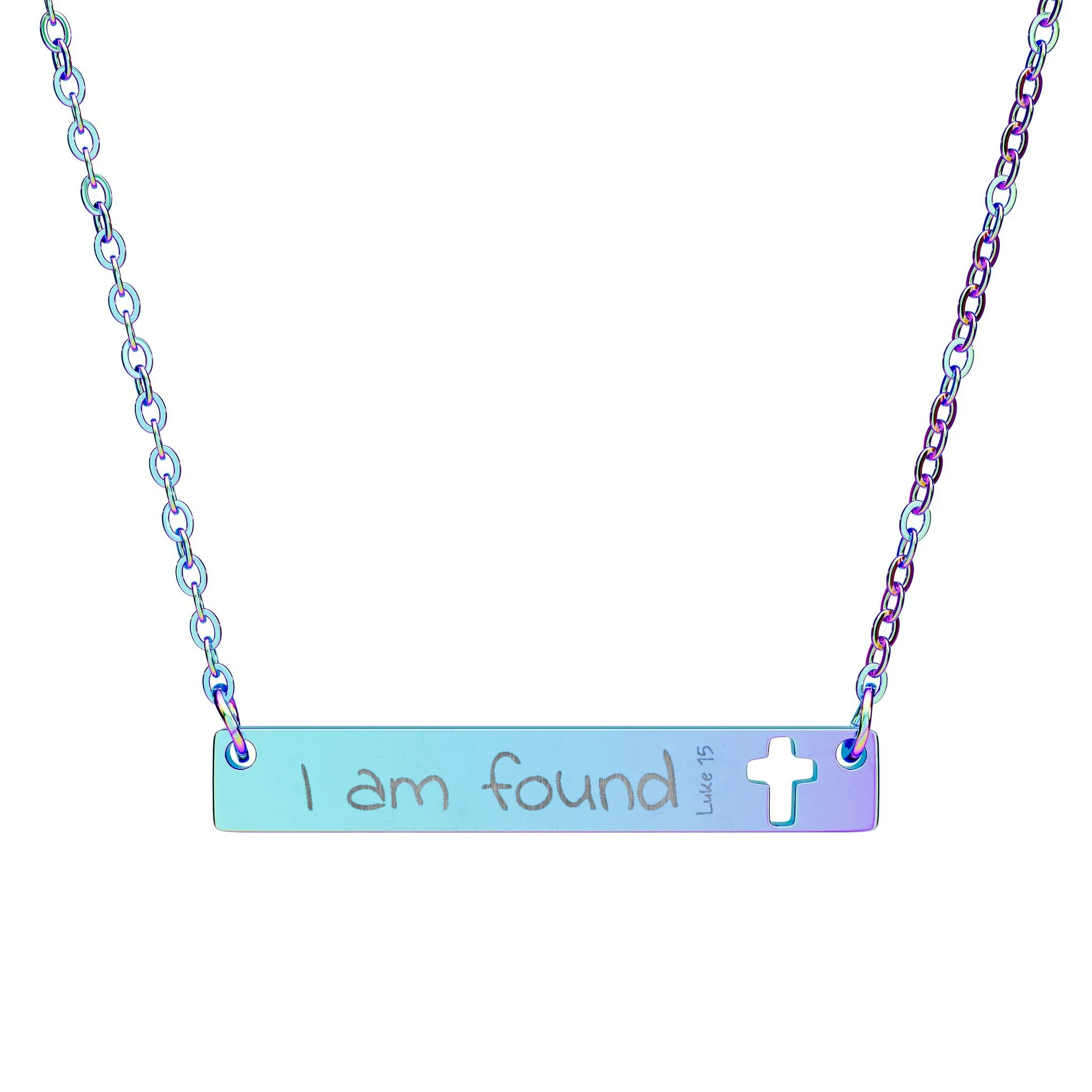 Cutout Cross Bar Necklace — "I Am Found" Engraved Pendant Luke 15