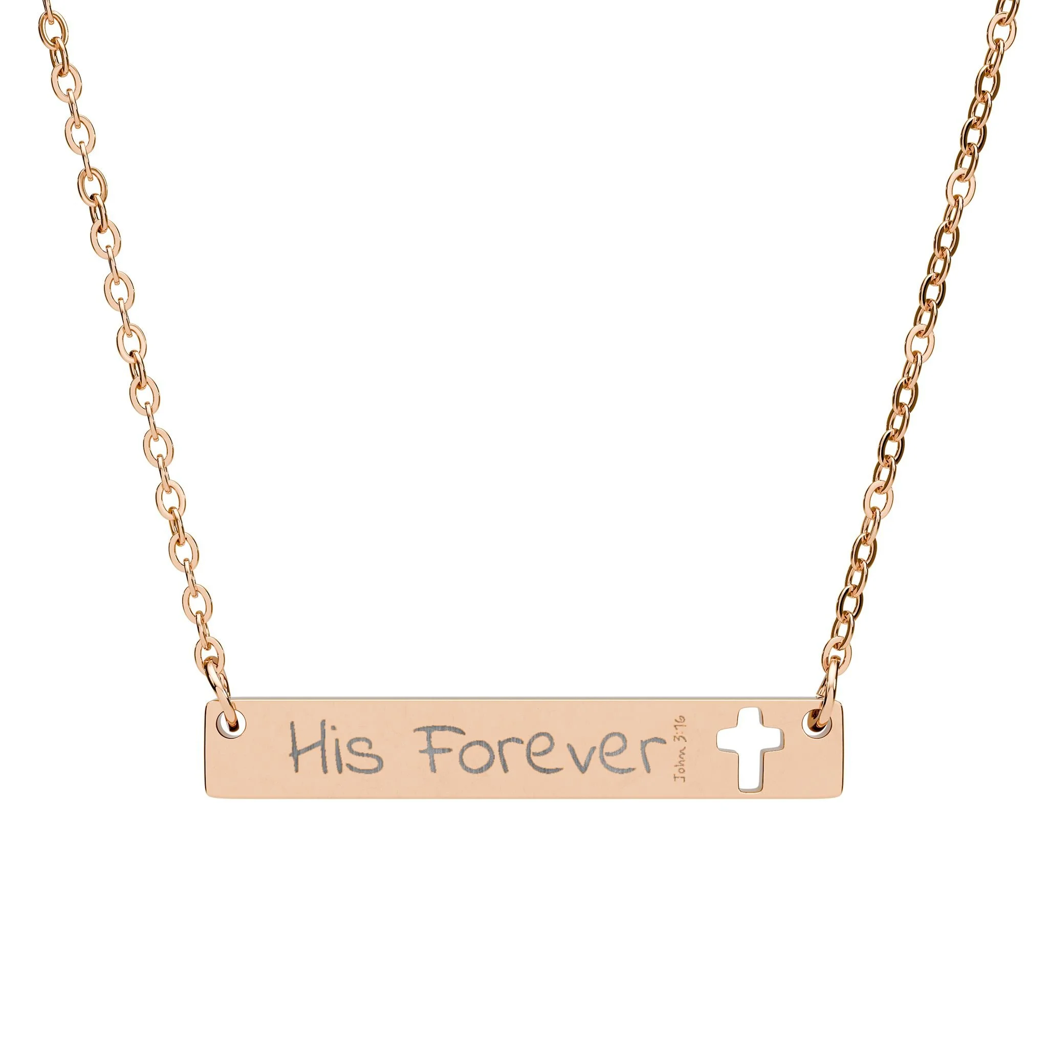 Cutout Cross Bar Necklace — "His Forever" Engraved Pendant John 3:16