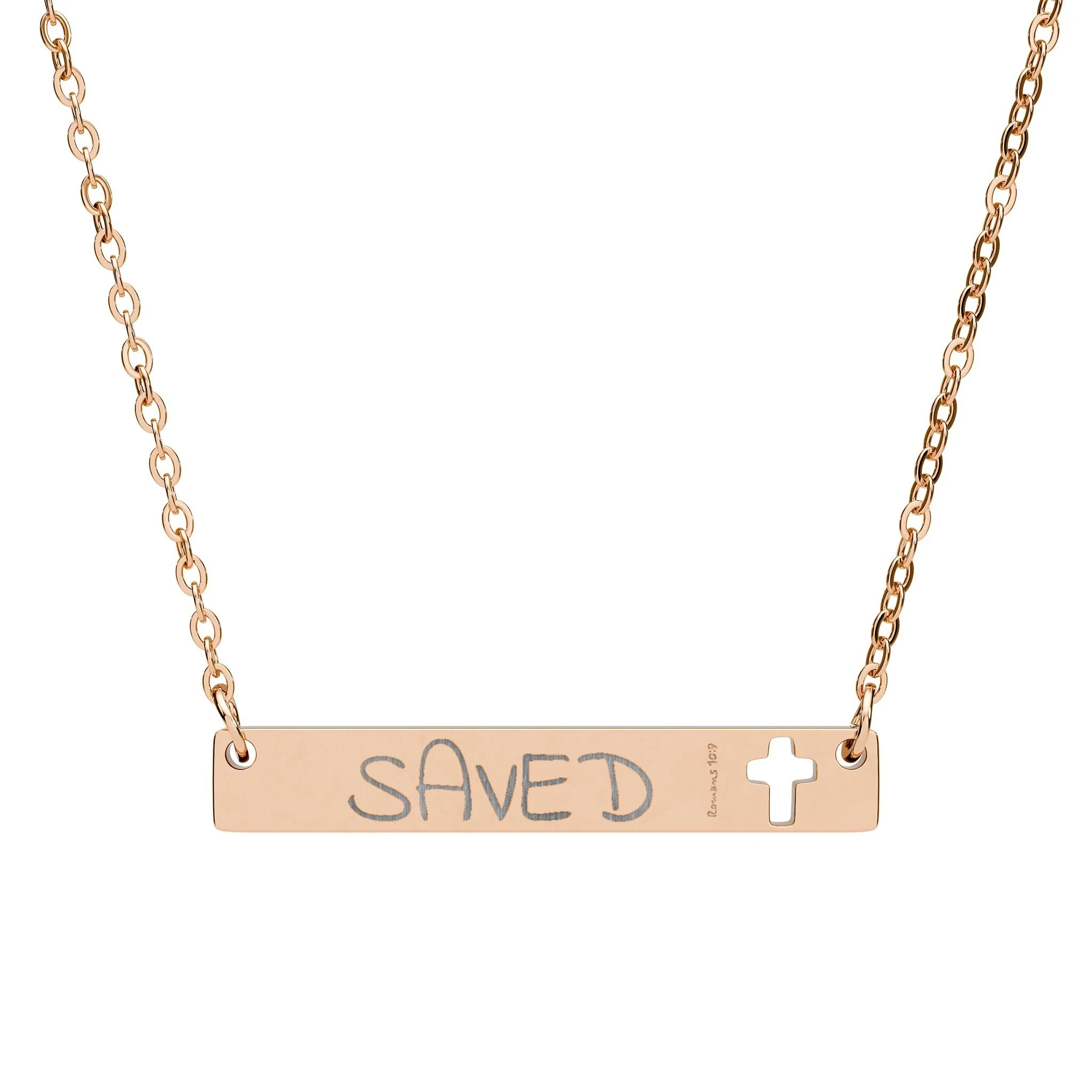 Cutout Cross Bar Necklace — "Saved" Engraved Pendant Romans 10:9