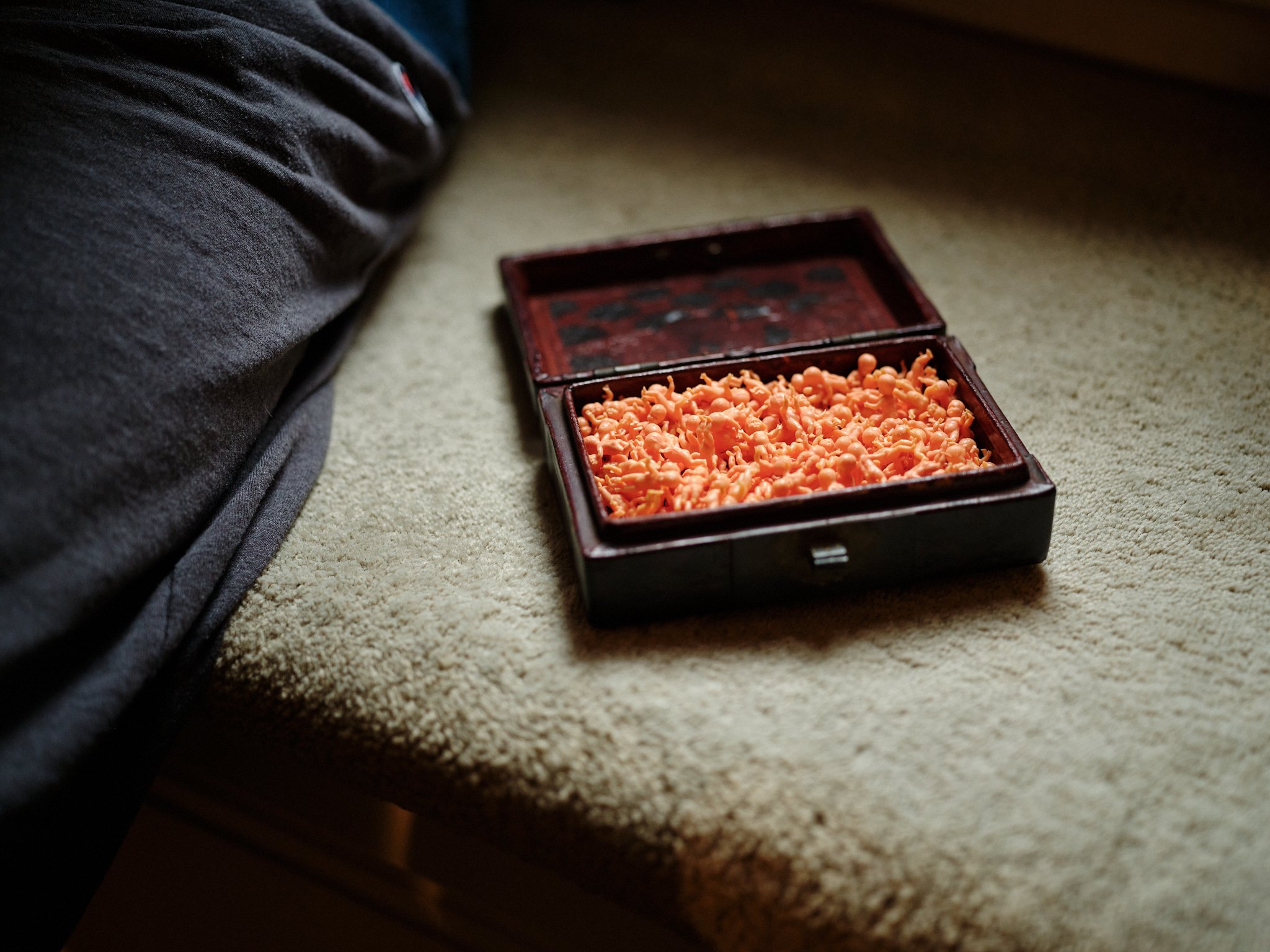 Photographed at the home of psychologist Walt Odets in San Francisco. The box contains miniature plastic figures, one for each patient Dr. Odets treated during the AIDS crisis who later died. Each figure serves as a physical marker of loss, a private