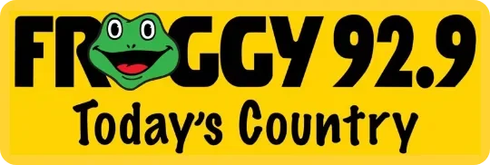 Logo of Froggy 92.9 radio station with a green frog face and the text "Froggy 92.9" and "Today's Country" on a yellow background.