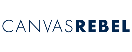 Logo with the text 'CANVAS REBEL' in blue and black lettering, with 'CANVAS' in a lighter blue and 'REBEL' in dark blue.