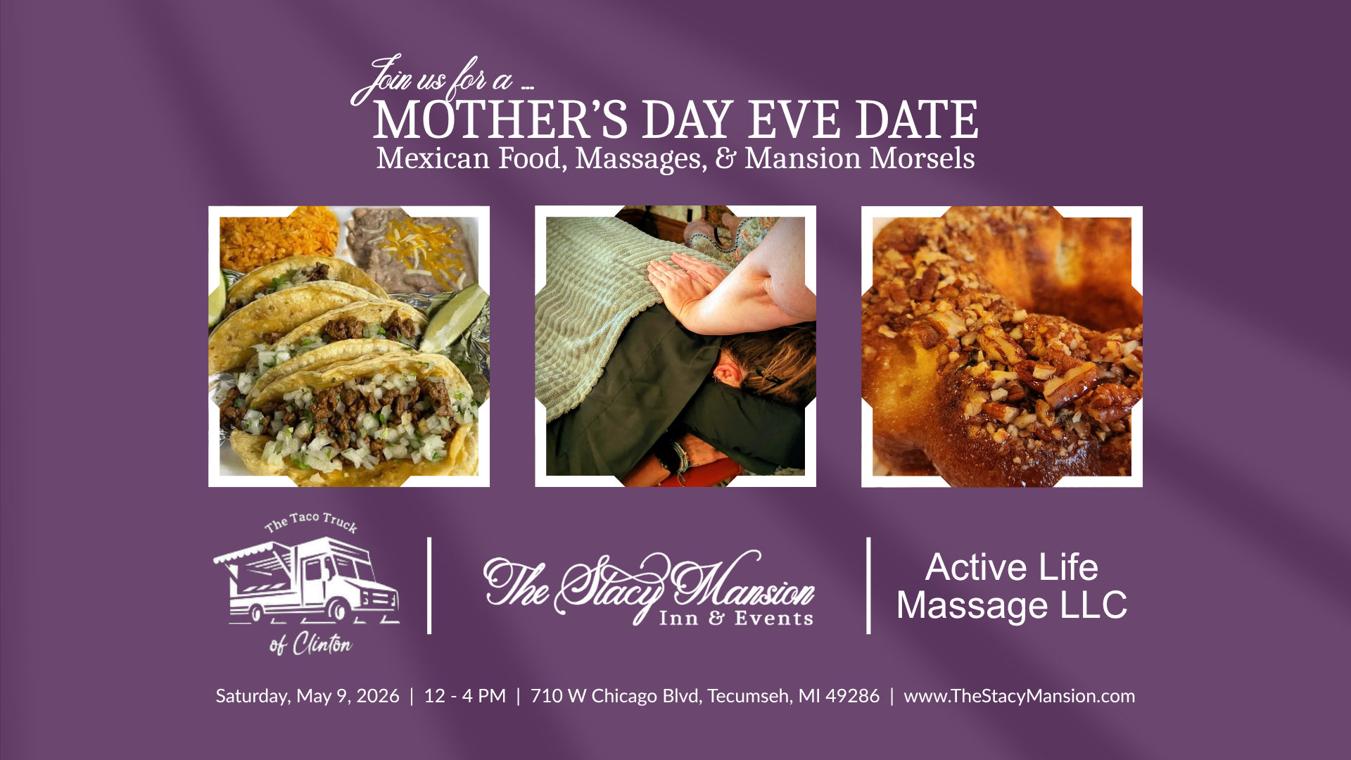 Mother's Day Eve Date featuring Mexican Food, Massages, & Mansion Morsels