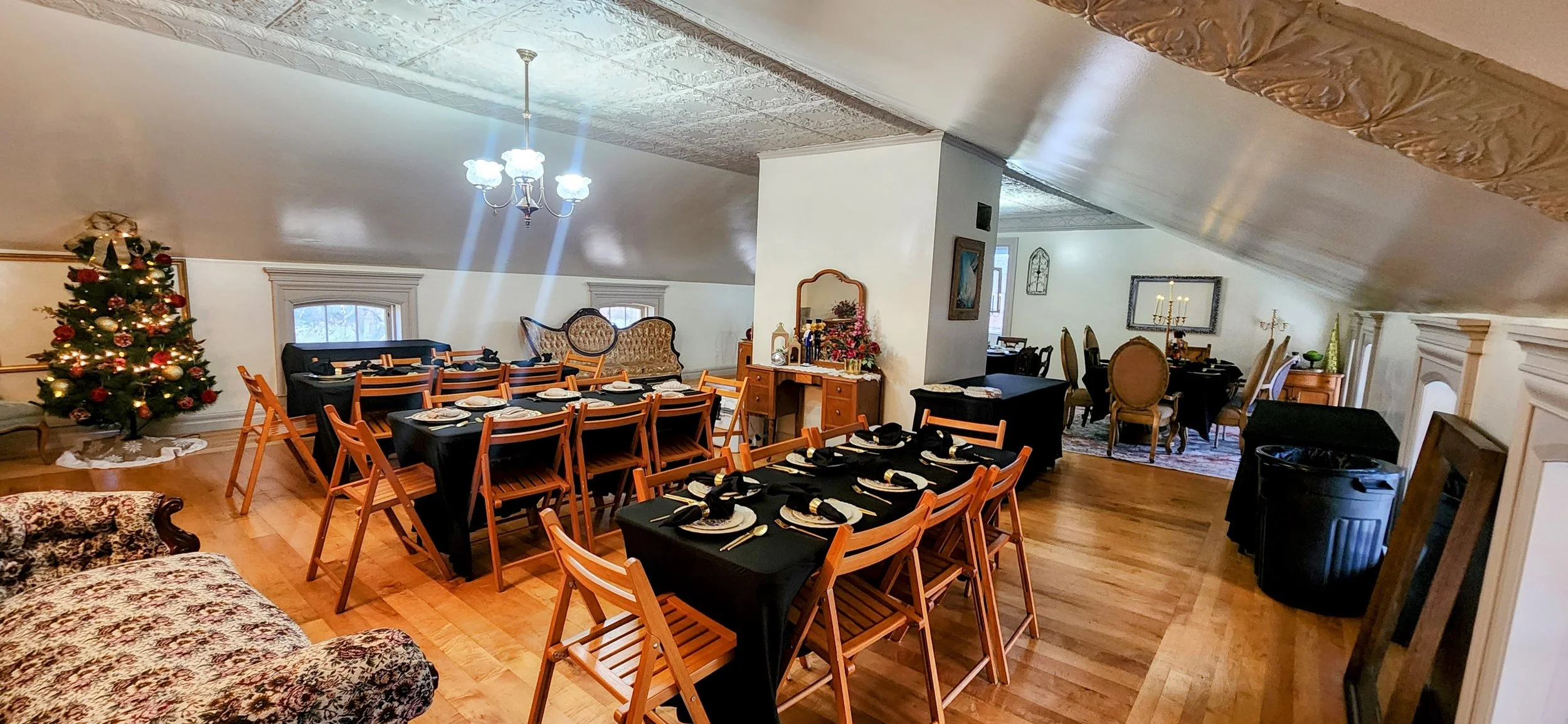 Left photo shows women dressed in vintage clothing at a tea party, with a table set with desserts, under a canopy. Right photo shows people wearing black masks and costumes at a masquerade ball.