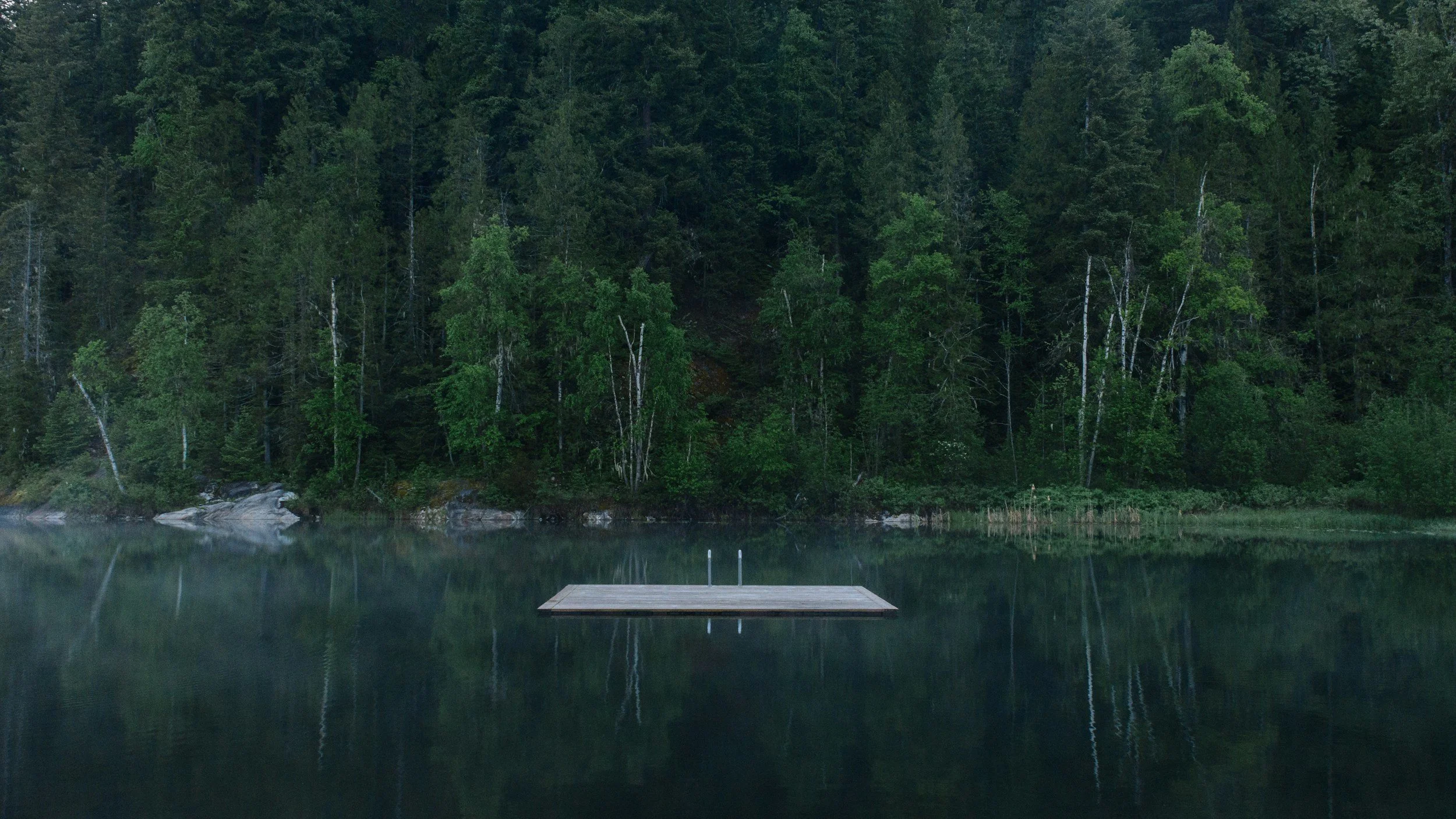 A wooden platform with metal railings floating on a calm lake, surrounded by dense forest.