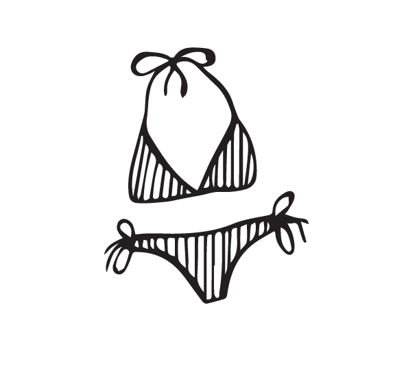 Hand-drawn bikini illustration with a halter top and tie-side bottoms.