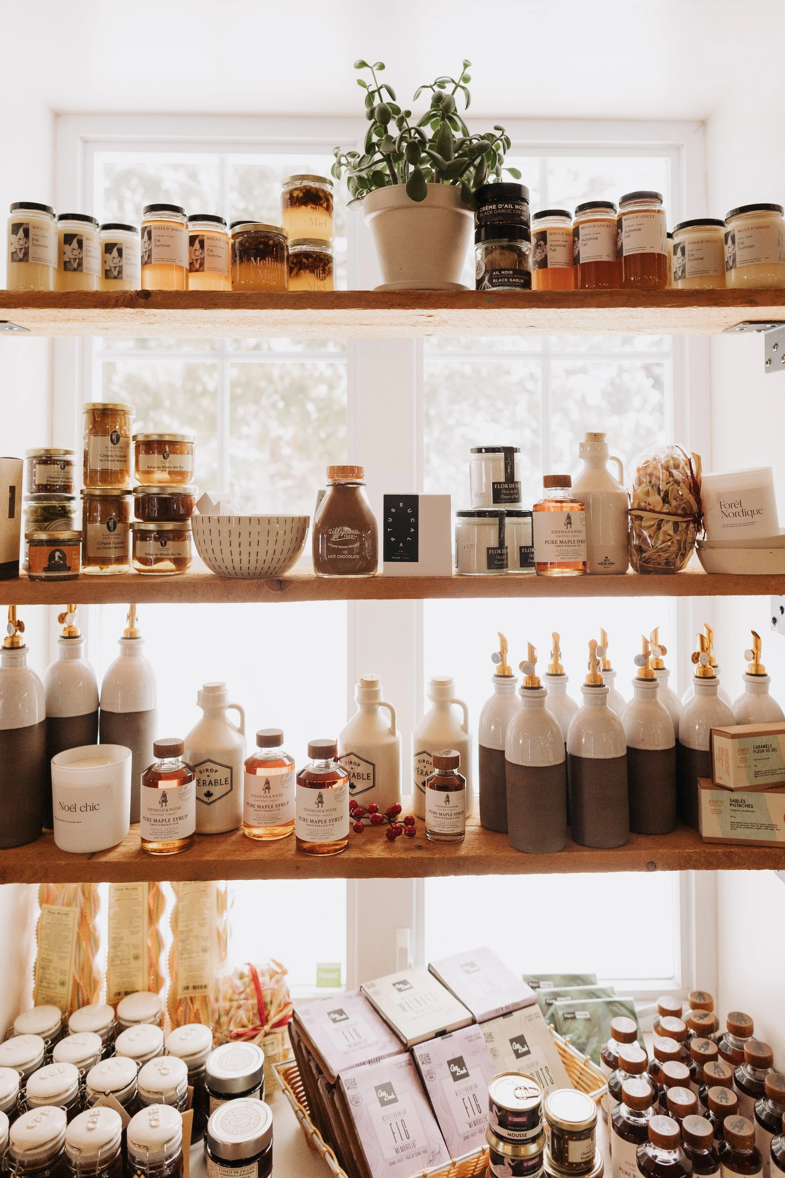 Wooden shelves displaying jars of honey, syrup, and other food products with a potted plant and a window in the background.