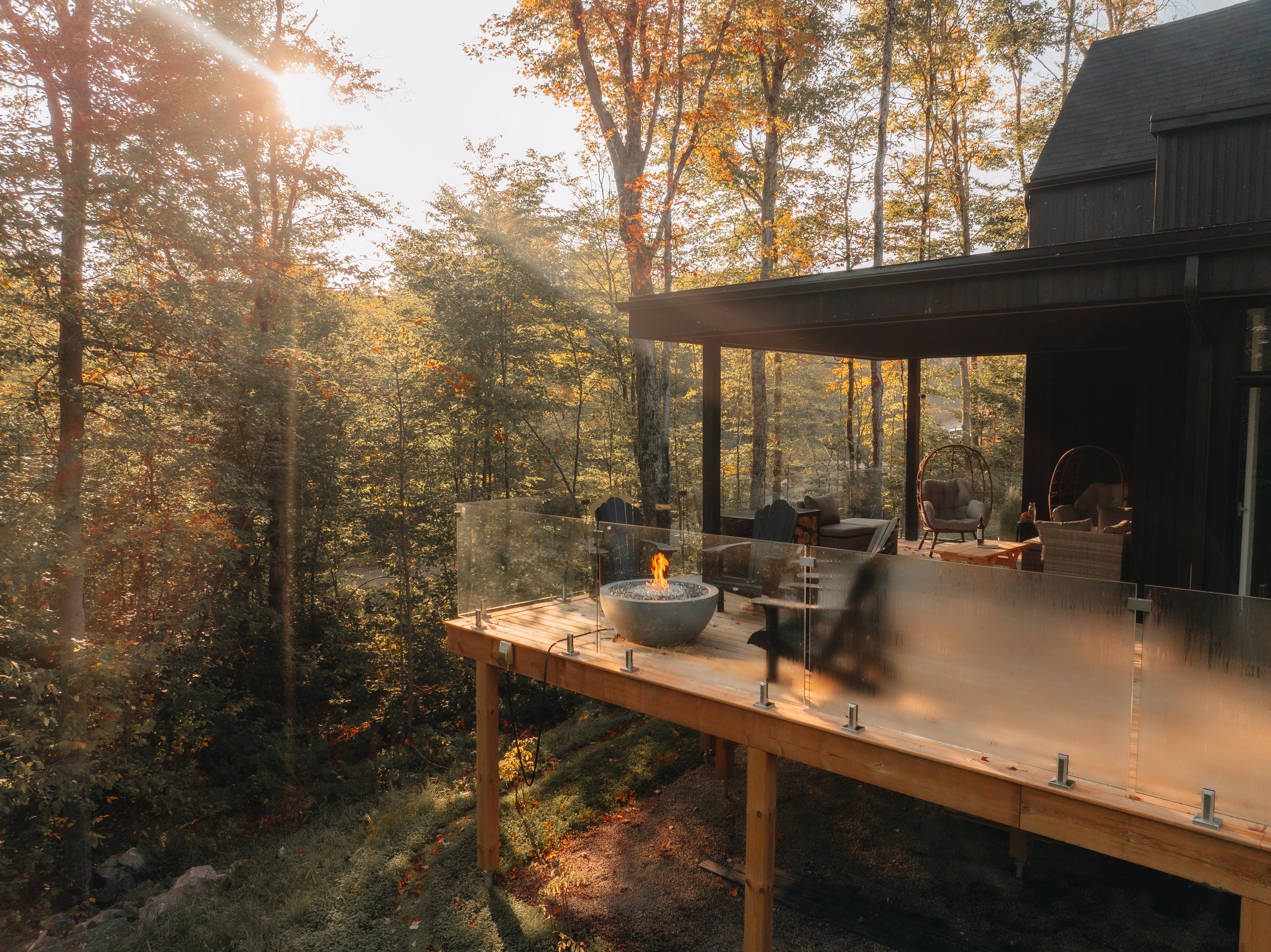 Wooden deck with glass railing featuring a fire pit, lounge chairs, and a covered patio with egg chairs, surrounded by a forest in sunlight.