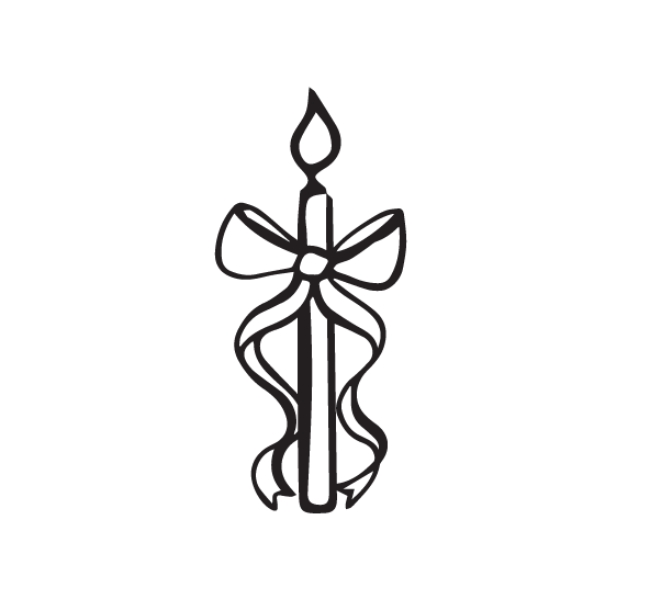 Black and white illustration of a candle with a bow and curvy ribbons.