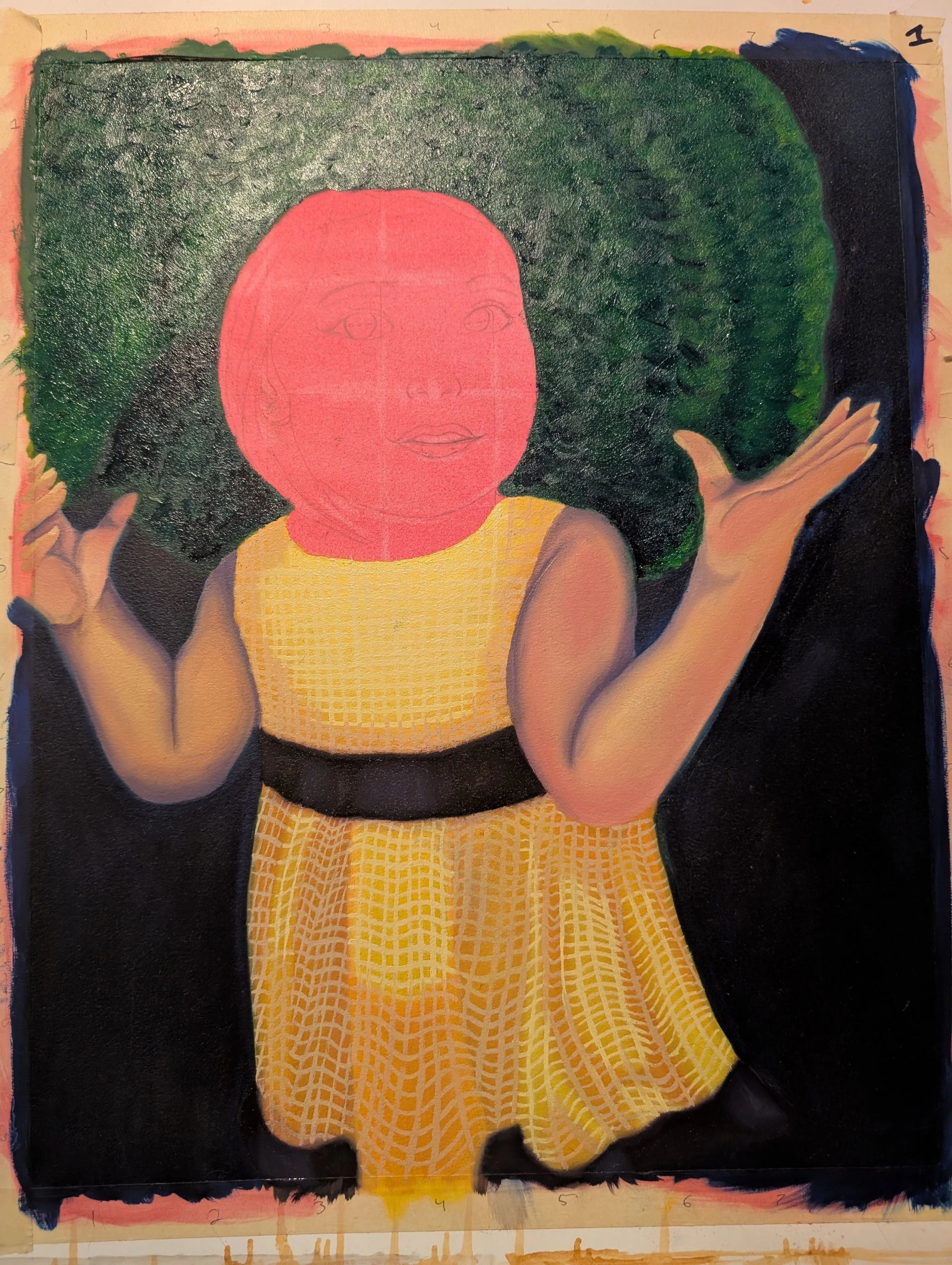 An oil painting of a toddler wearing a bright green hat and wearing a yellow dress with a black belt. Her hands are raised and gripping the brim of the hat. The girl's face has not yet been painted.