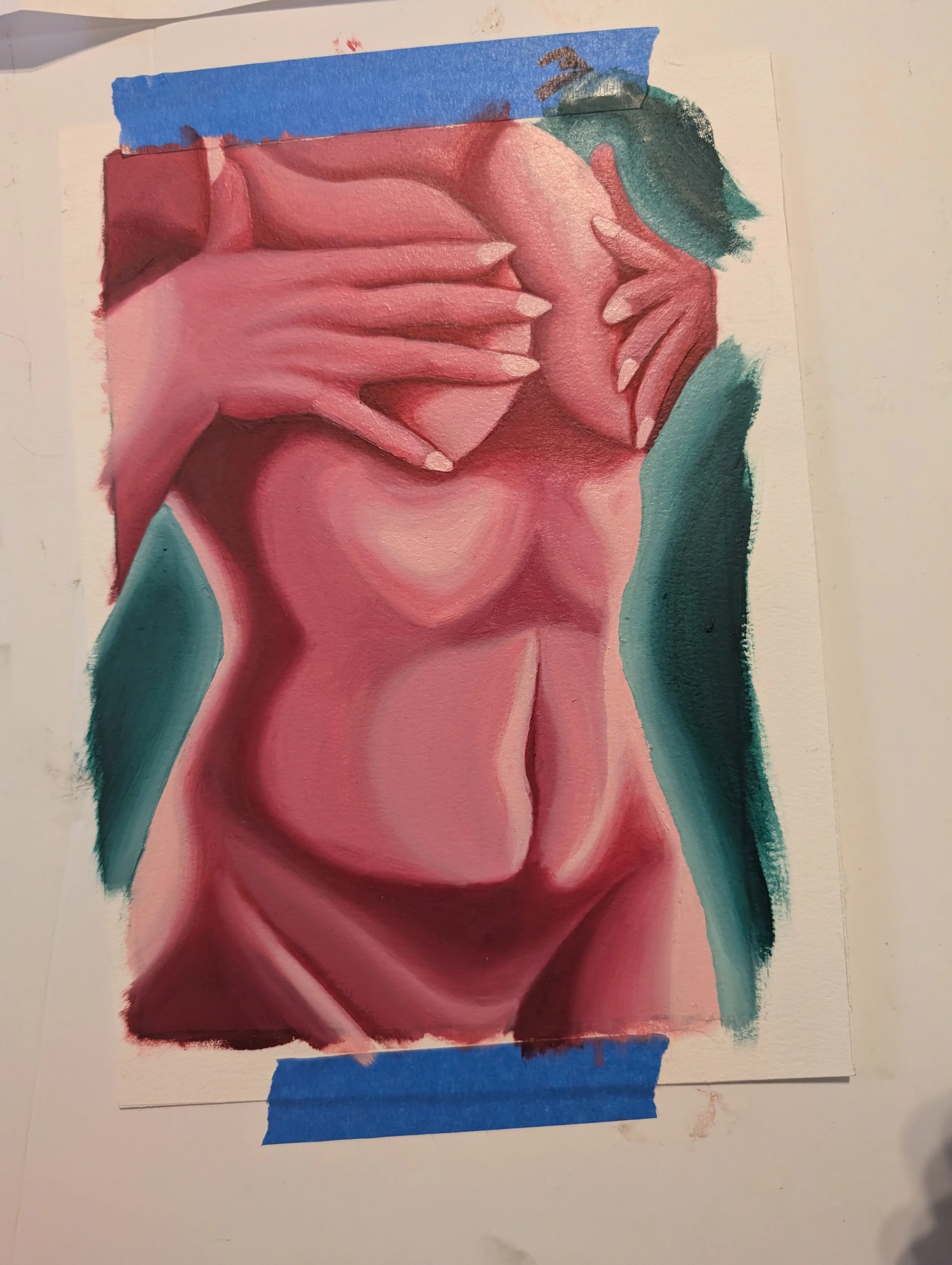 A nude done of a person with breasts, three quarters turned towards the viewer. Their hands covering their breasts. The back ground is done in dark green which transitions to light green outlining the body. The body is in a scale from pink to red