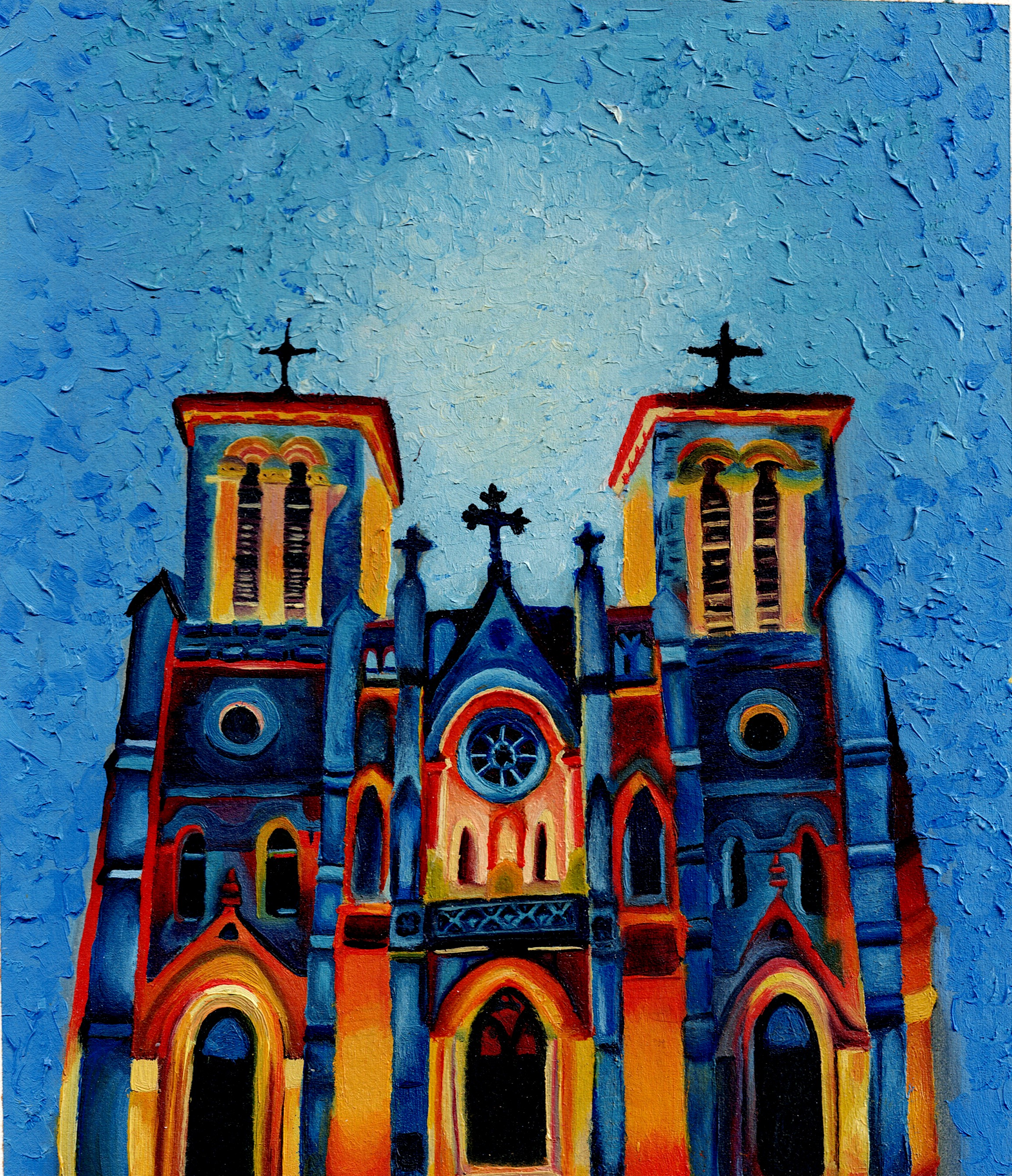 An oil painting of the San Fernando Cathedral done in contrasting warm and cold colors.