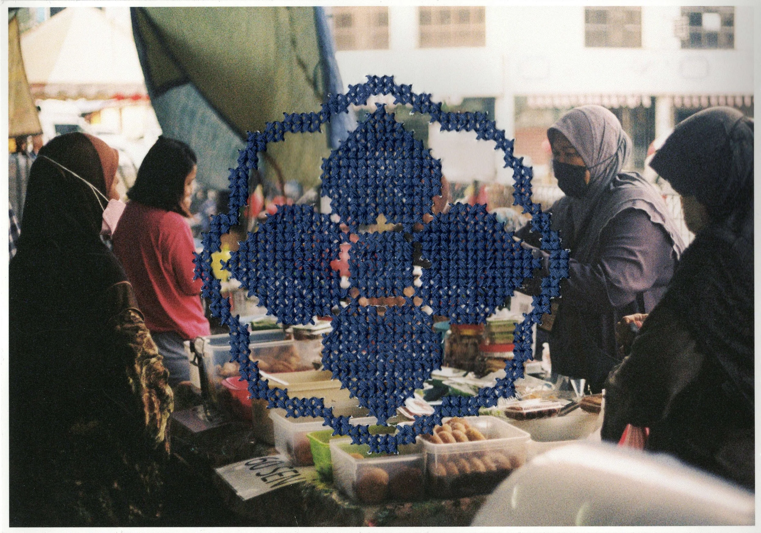 Community, 2025, Archival inkjet print embroidered with cotton thread, 14.8 x 21 cm