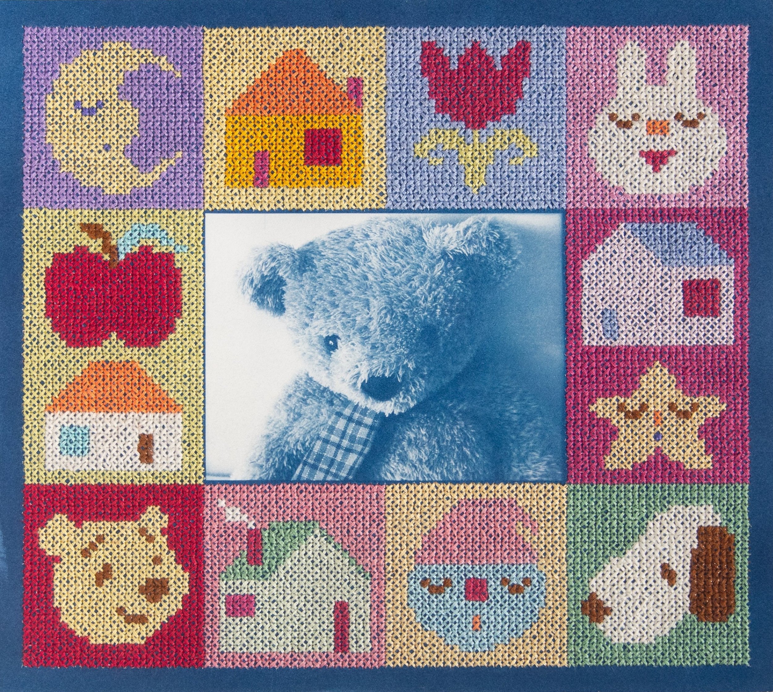 'i’m always reminded of you,' 2026, Cyanotype embroidered with cotton thread, 24.5cm x 27.6cm