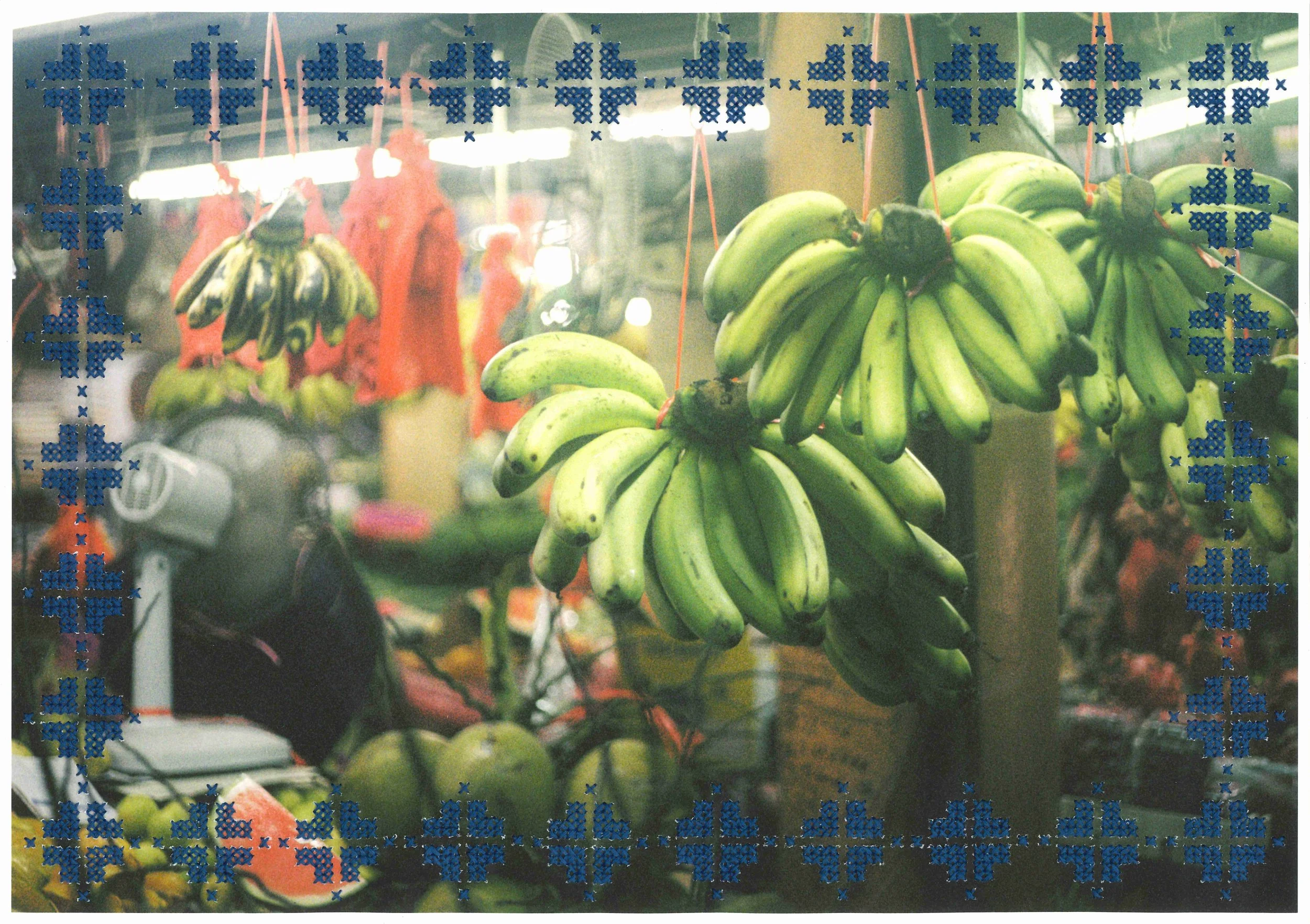 Every market has hanging bananas I, 2025, Archival inkjet print embroidered with cotton thread, 29.7 x 42 cm