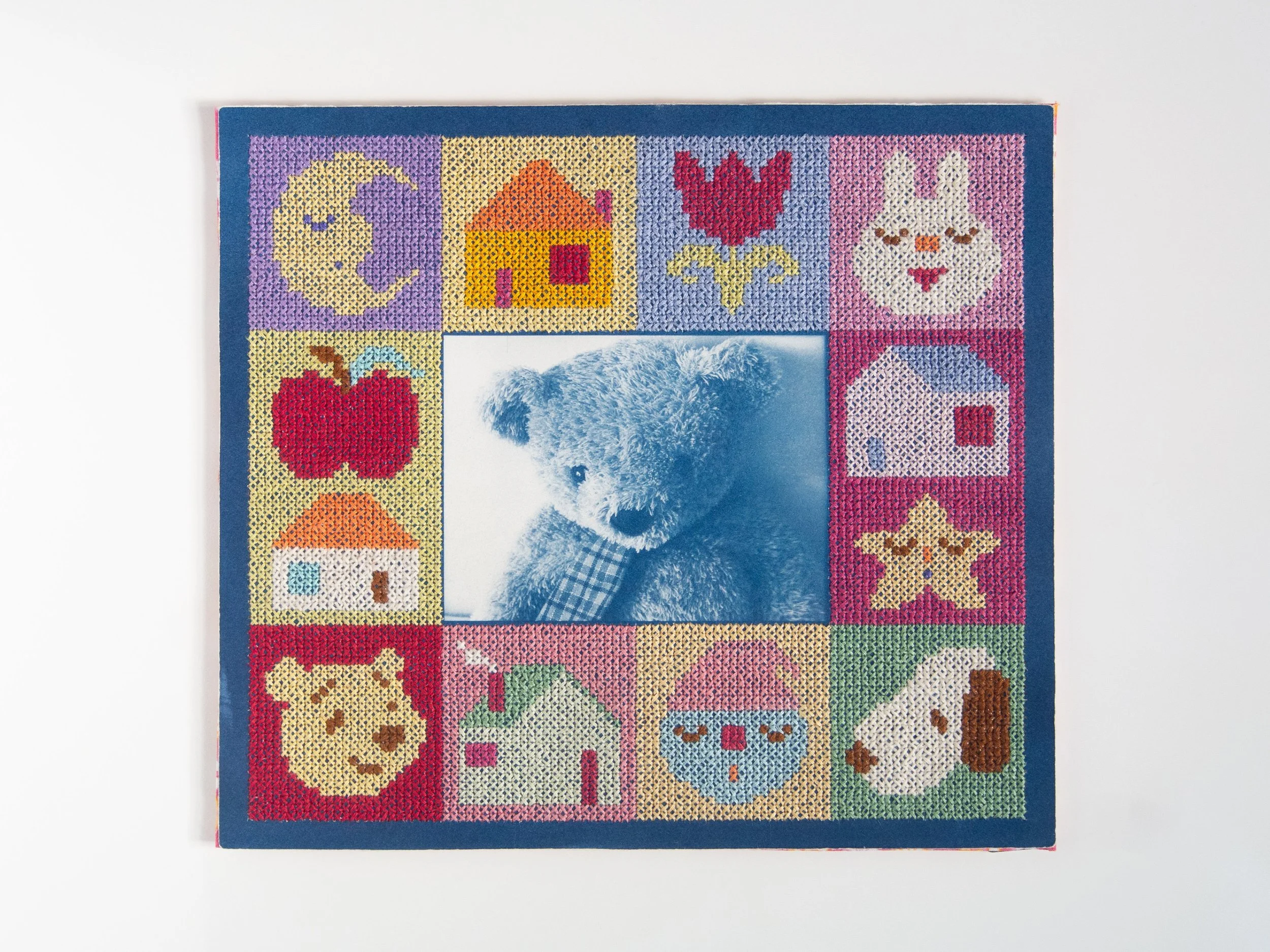 'i’m always reminded of you,' 2026, Cyanotype embroidered with cotton thread, 24.5cm x 27.6cm