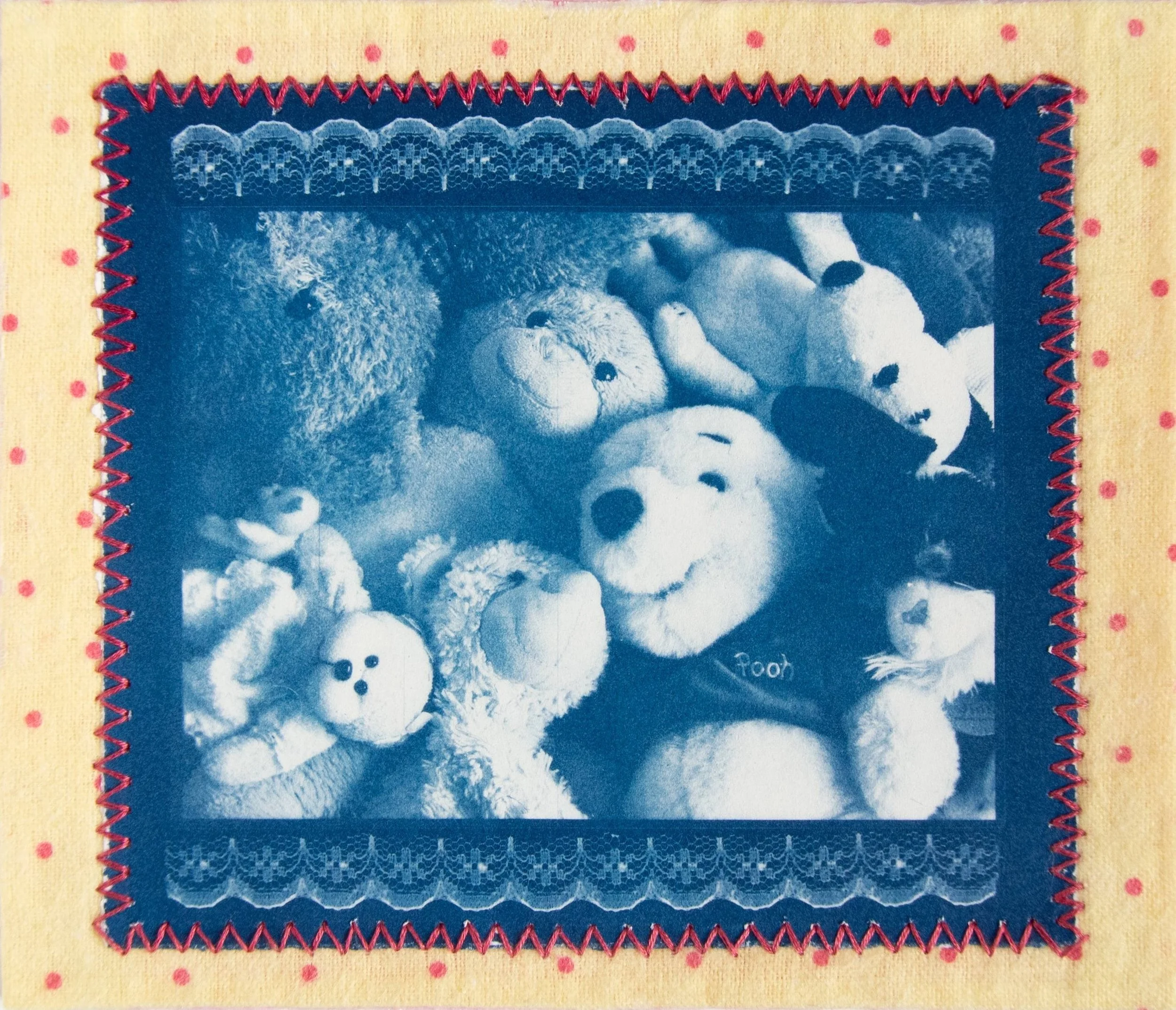 'soft toys feel like home,' 2026, Cyanotype and fabric embroidered with cotton thread, 15.5cm x 18.3cm 