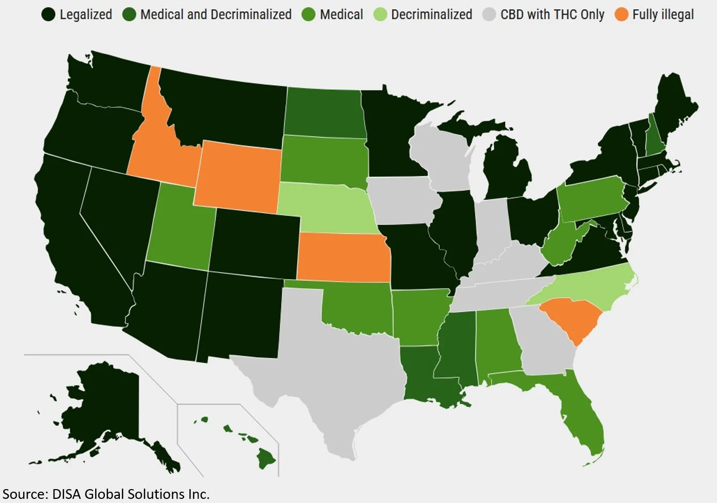This image shows a map that outlines the rules around marijuana consumption in the United States of America.