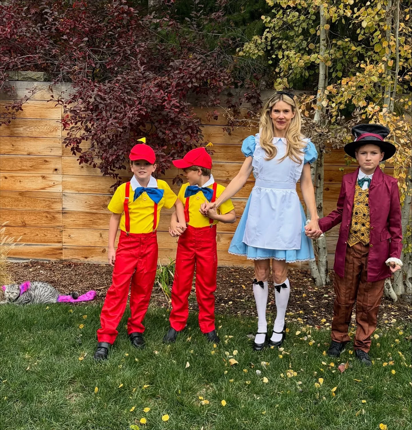 Happy Halloween! 
Through the looking glass with my crew. Lucky as the Cheshire Cat (even though my twins, Tweedledee and Tweedledum, wanted to spray paint him purple). We pulled it off as best we could. 💜🐈‍⬛🎩