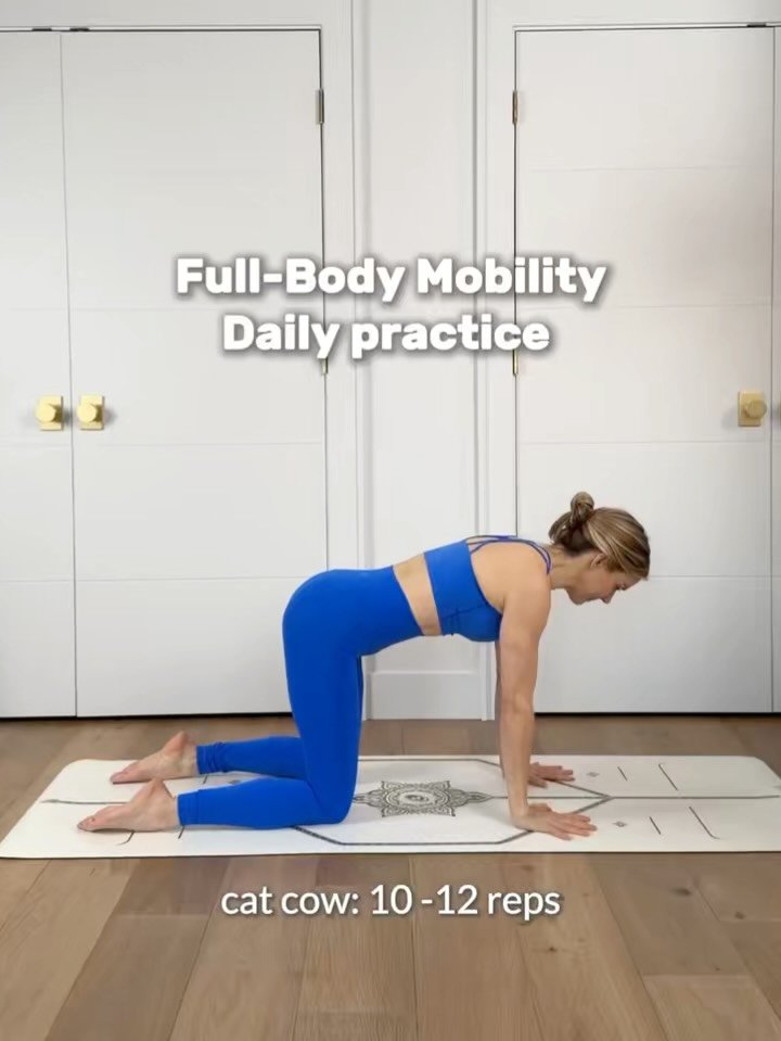 Swipe through for this simple full-body mobility routine.

Cat&ndash;cow
Hip CARs
Shoulder rolls
Side lunges
Ankle rolls
Opposite arm reach

Moving your spine and joints daily helps your body stay resilient and open. 

Save this for your morning or e