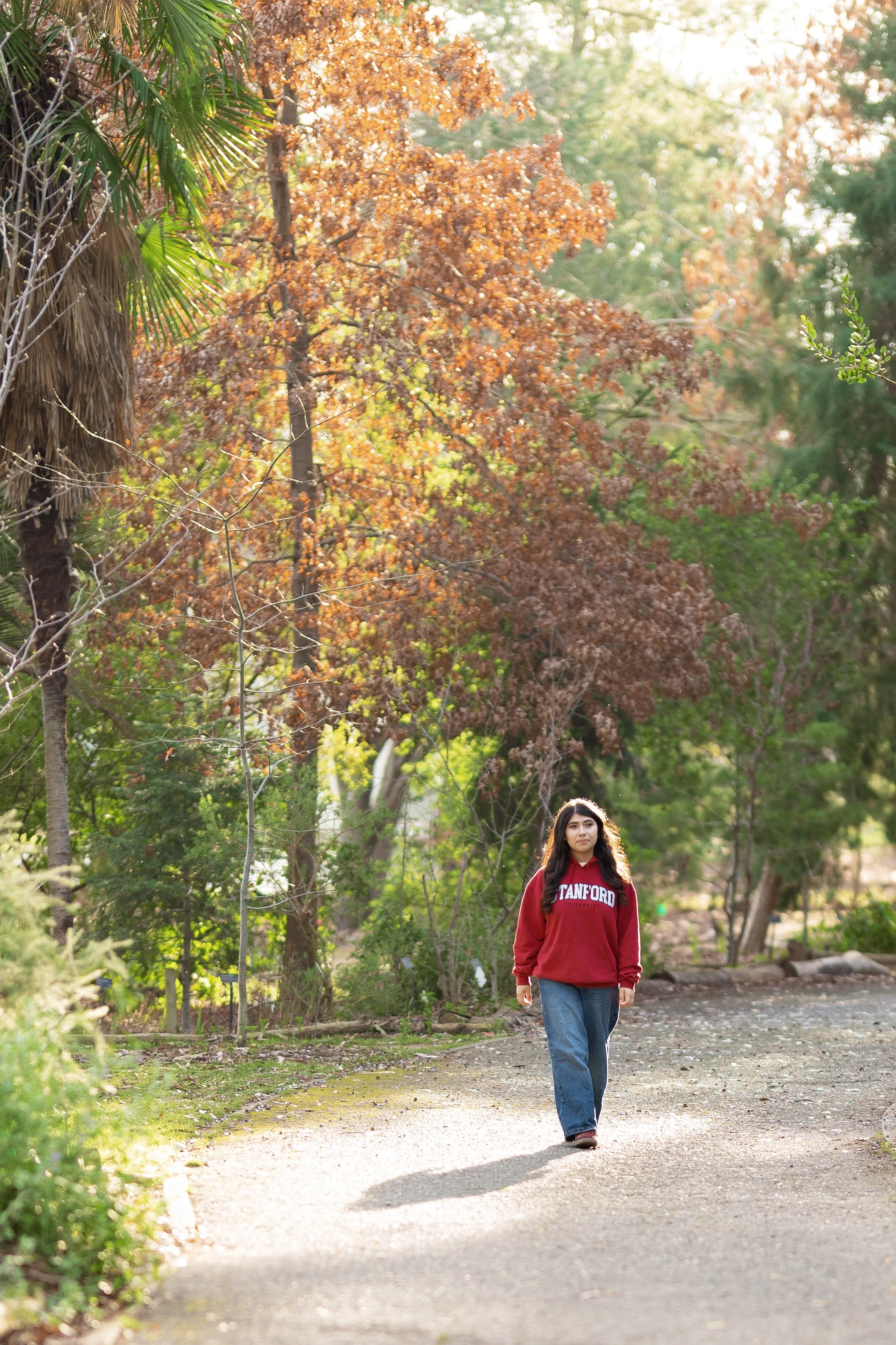 A woman walking along a dirt path in a park, surrounded by trees with autumn leaves and greenery, wearing a red Stanford sweatshirt.