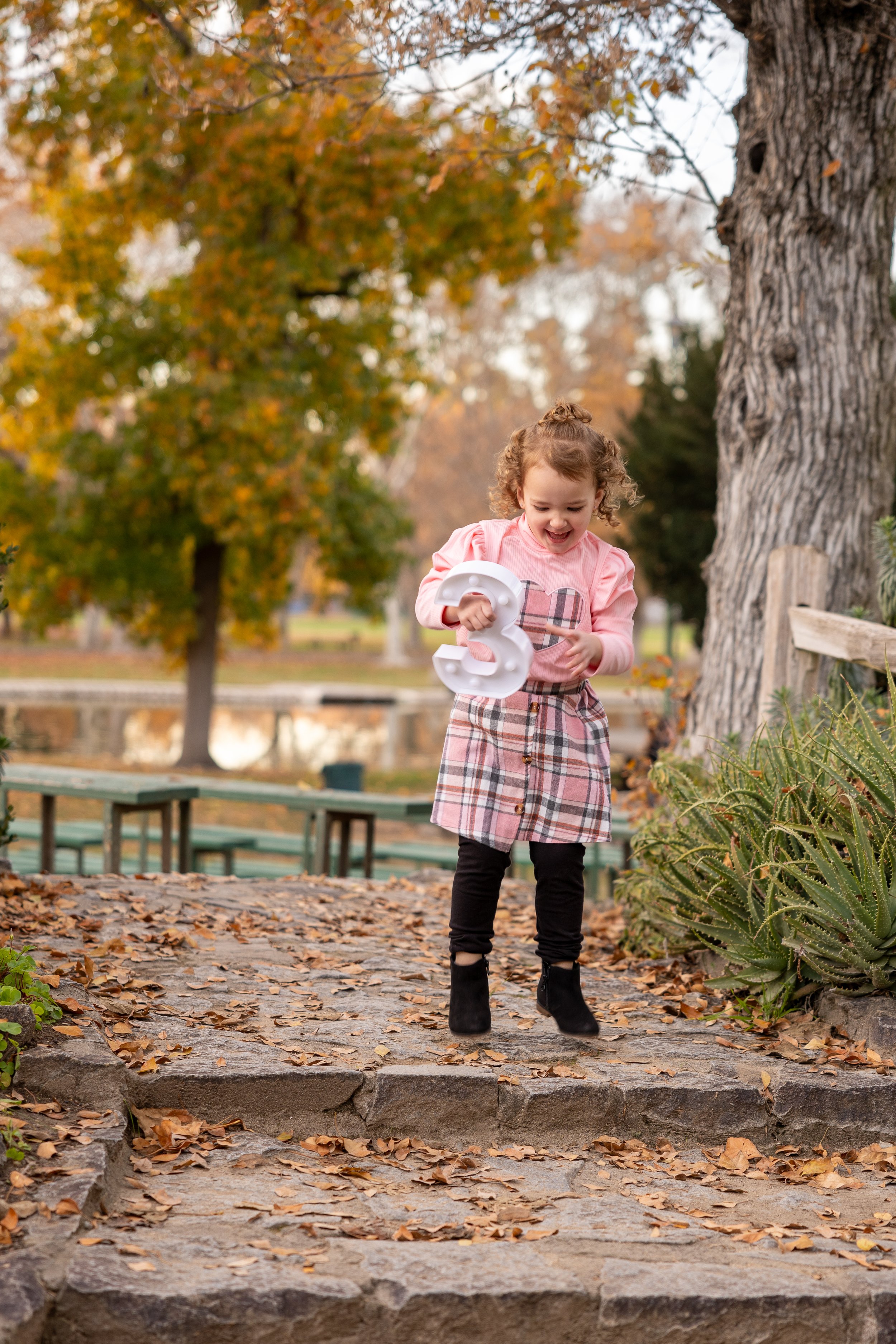 A young girl outdoors in fall, holding a large white number 3 sign, smiling, dressed in a pink top, plaid skirt, black leggings, and black boots, with autumn trees and fallen leaves around.