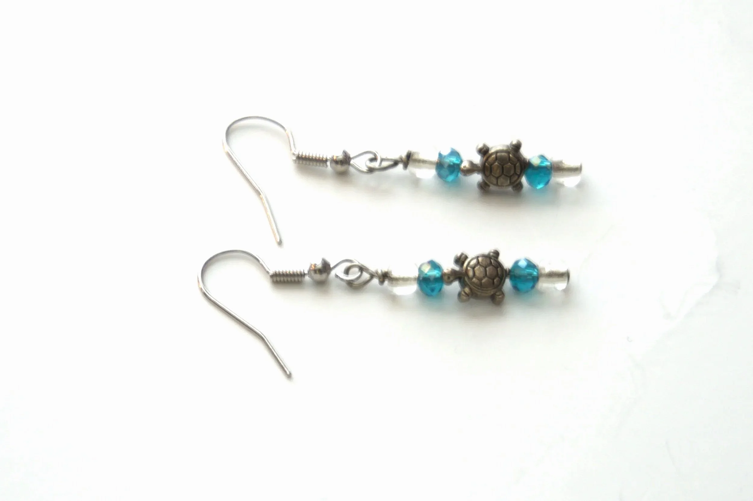 Antique Silver Turtle - Blue Crystal Earrings