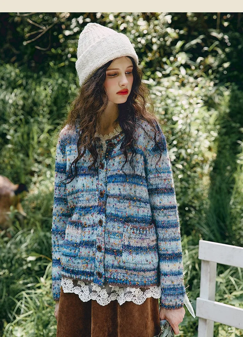 Chunky Blue Speckled Stripe Knit Cardigan