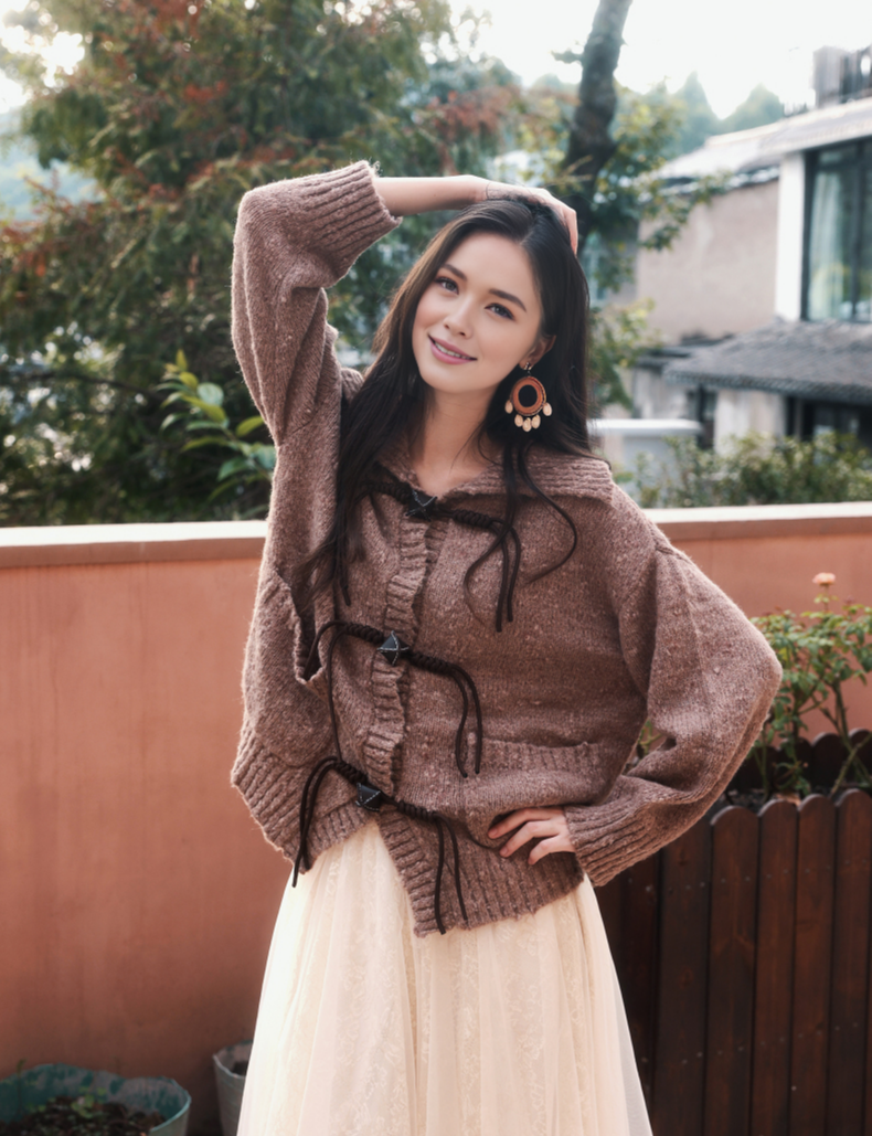 Mocha Brown Knit Sweater with Charming Tie-front Details
