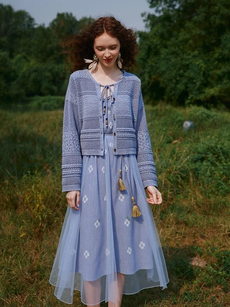 Dusty Blue Open-Knit Cardigan with Tie Neck