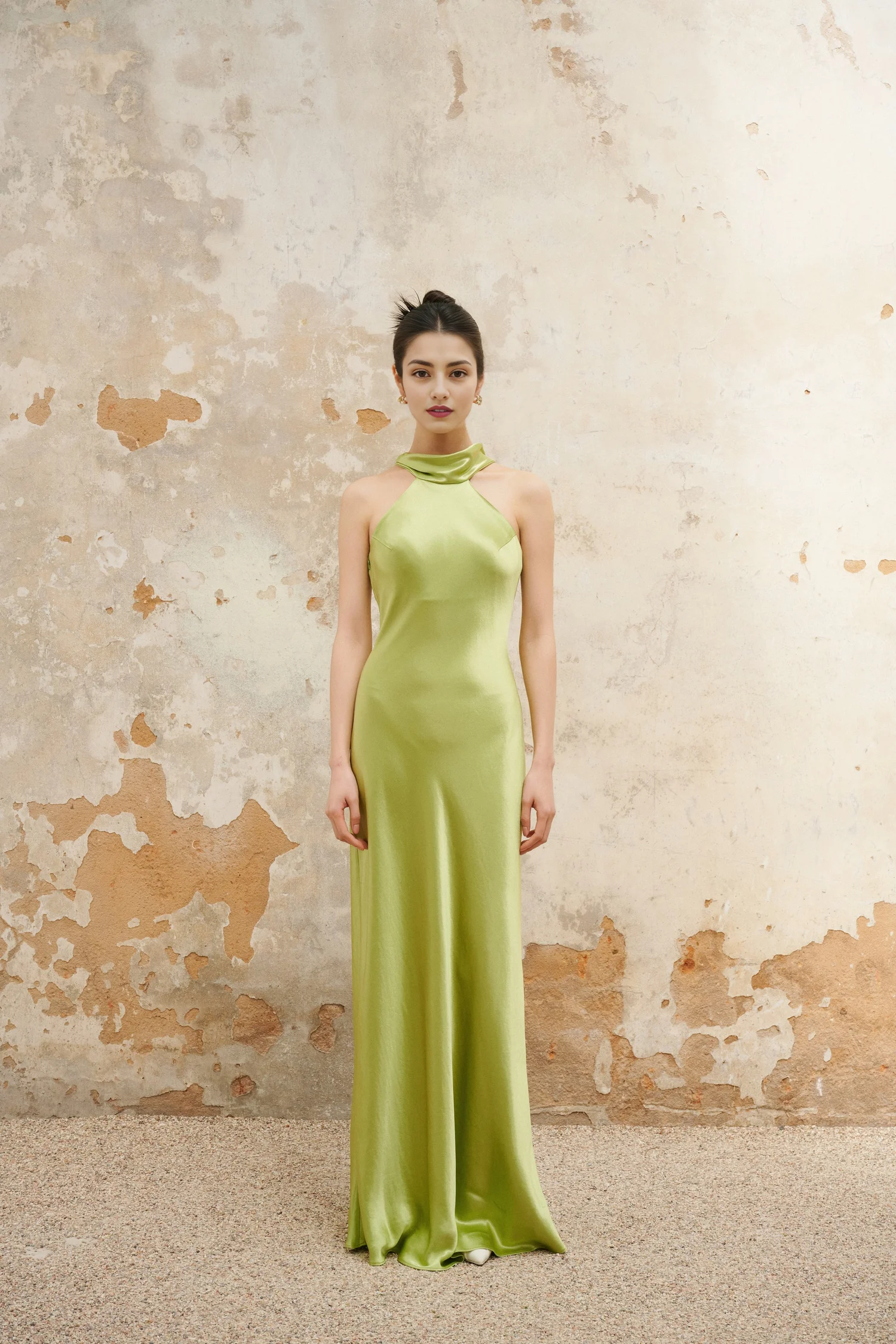 Lydia Satin Halter Gown in Lime Green Elegant Open-Back Evening Dress Perfect for Bridesmaids, Wedding Guests, Prom, Homecoming, Cocktail and Lydia Satin Halter Gown in Lime Green Elegant Open-Back Evening Dress Perfect for Bridesmaids, Wedding Guests, Prom, Homecoming, Cocktail and