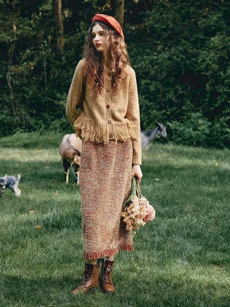 Woodland Bouclé Fringe Knit Midi Skirt