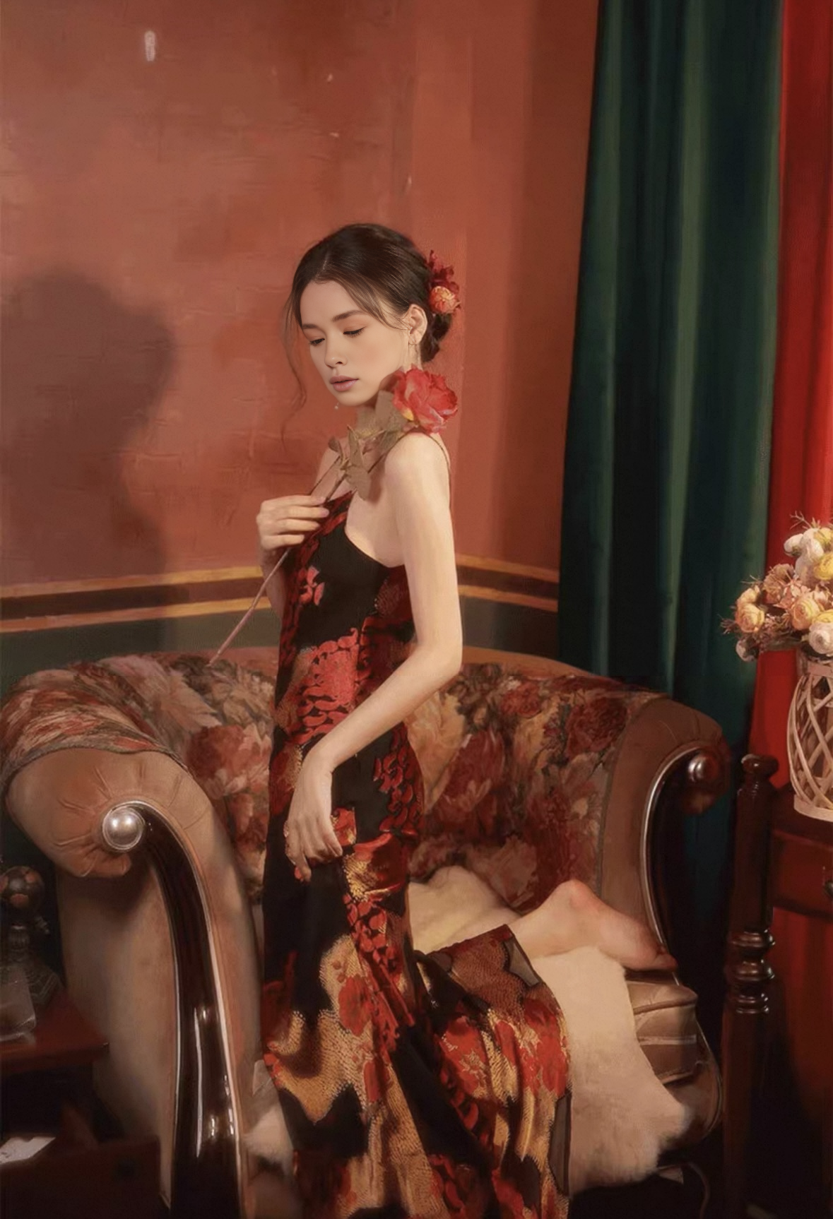 Chiyo "Midnight Peony"-Bias-Cut Silk Slip Gown in Red & Gold