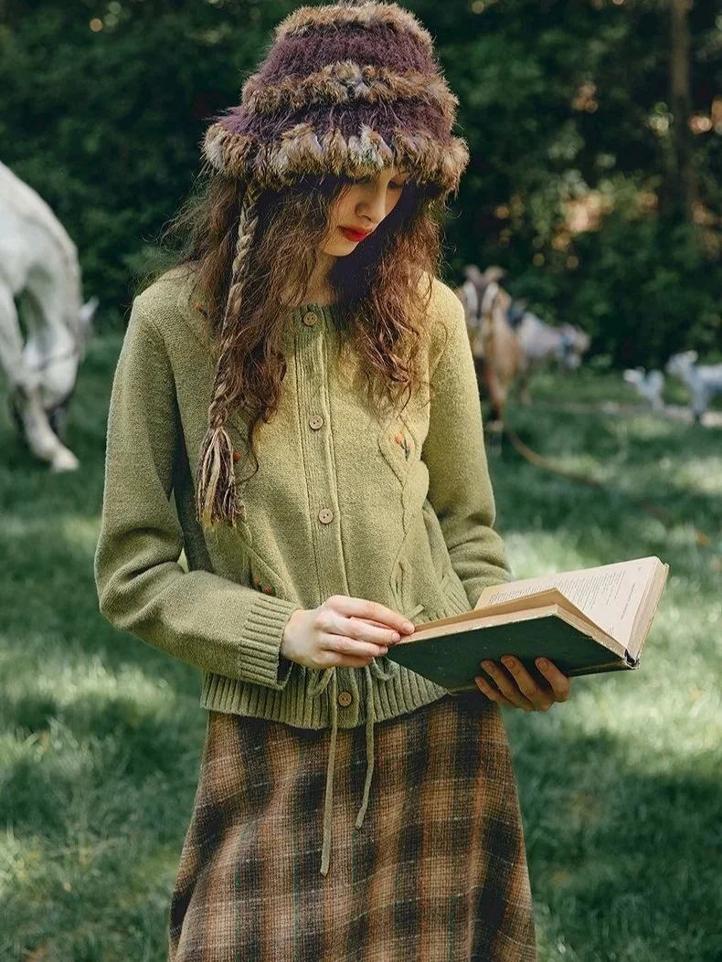 Sage Green Embroidered Knit Cardigan with Cinched Waist