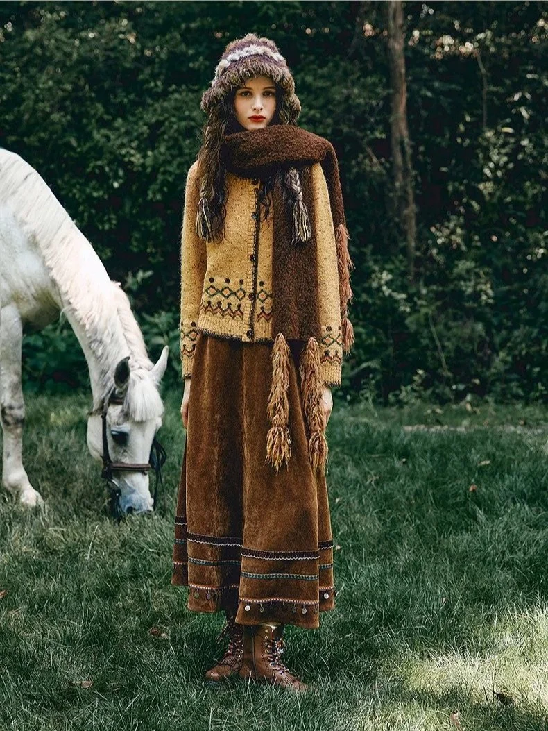 Embroidered Coin-Trim Faux Suede Midi Skirt