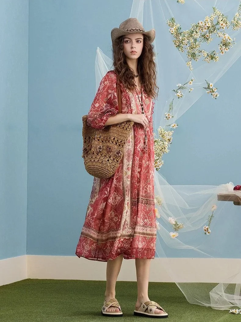 Coral Red Paisley V-Neck Midi Print Dress