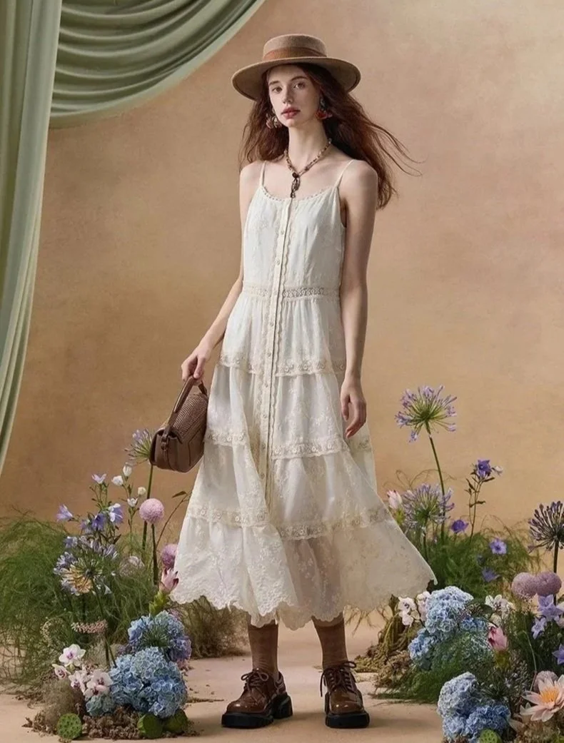 Ivory Whisper Lace Tiered Sleeveless Maxi Dress