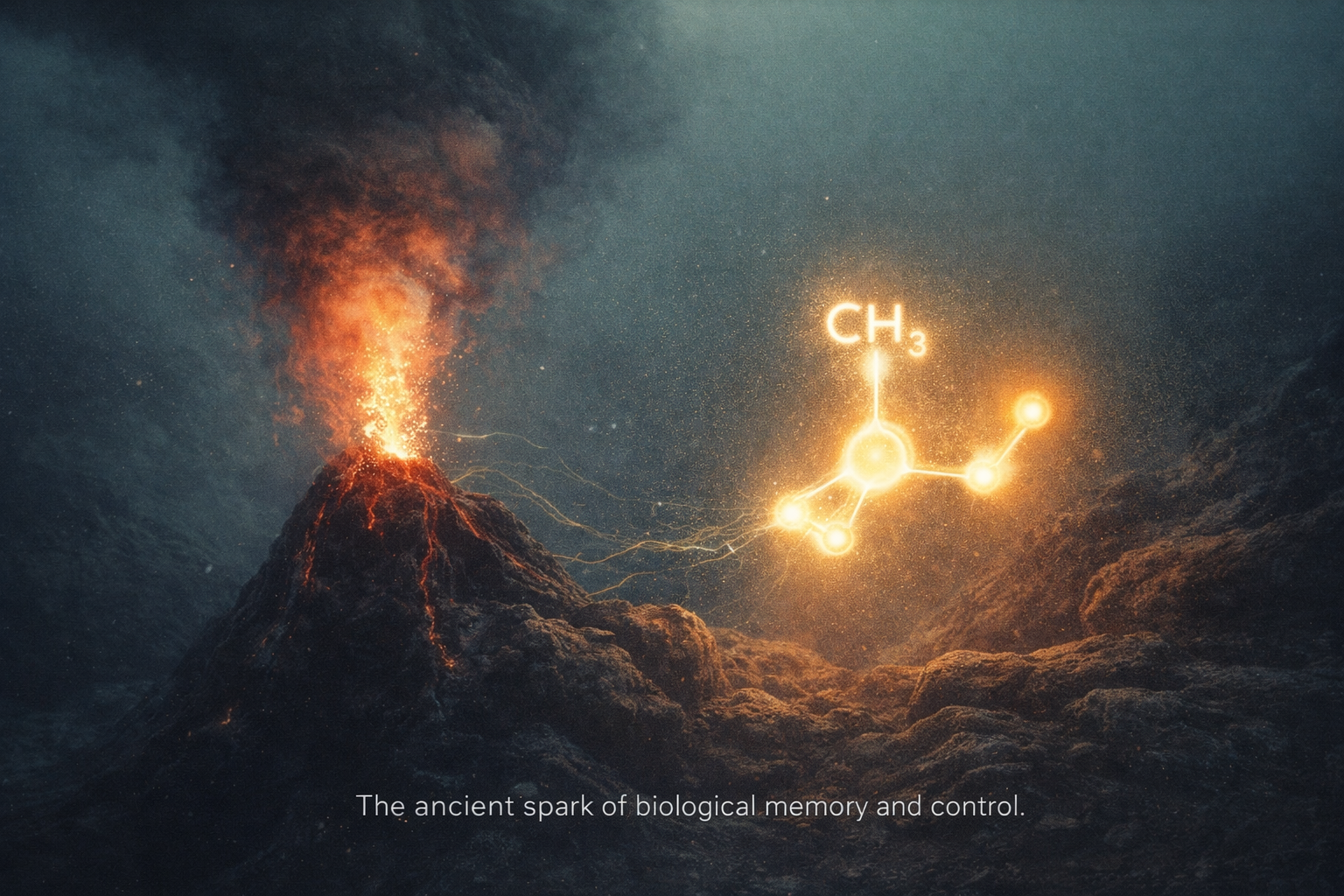 An erupting volcano with lava and ash, with glowing molecular structures in the foreground representing the connection to biological memory and control, with the text "The ancient spark of biological memory and control."