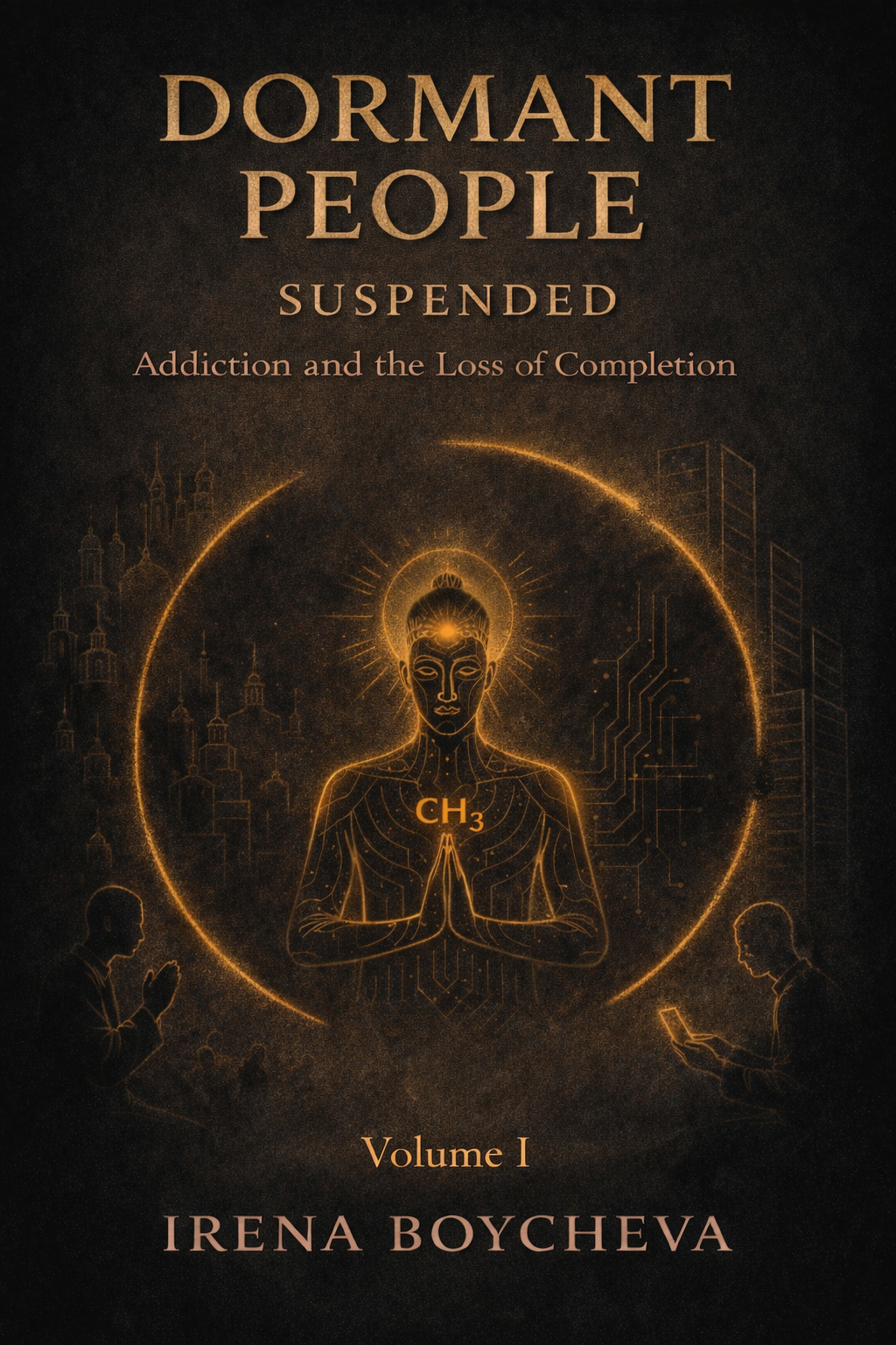 Book cover titled 'Dormant People Suspended: Addiction and the Loss of Completion' by Irena Boycheva, Volume I. The cover features an illustration of a person with a glowing third eye, surrounded by a glowing circle, with abstract cityscape and technological patterns in the background.