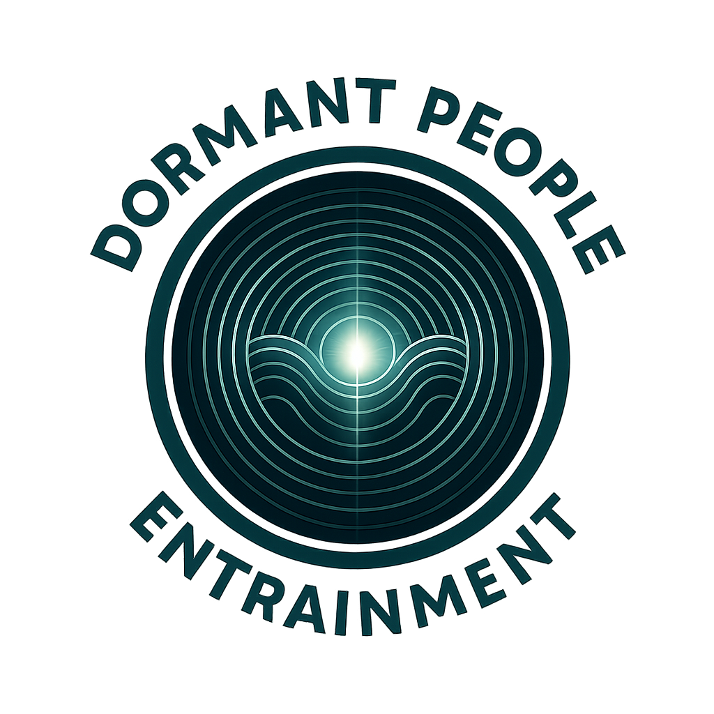 A circular logo with concentric circles and wave patterns in the center, surrounded by the text 'DORMANT PEOPLE ENTERTAINMENT'.