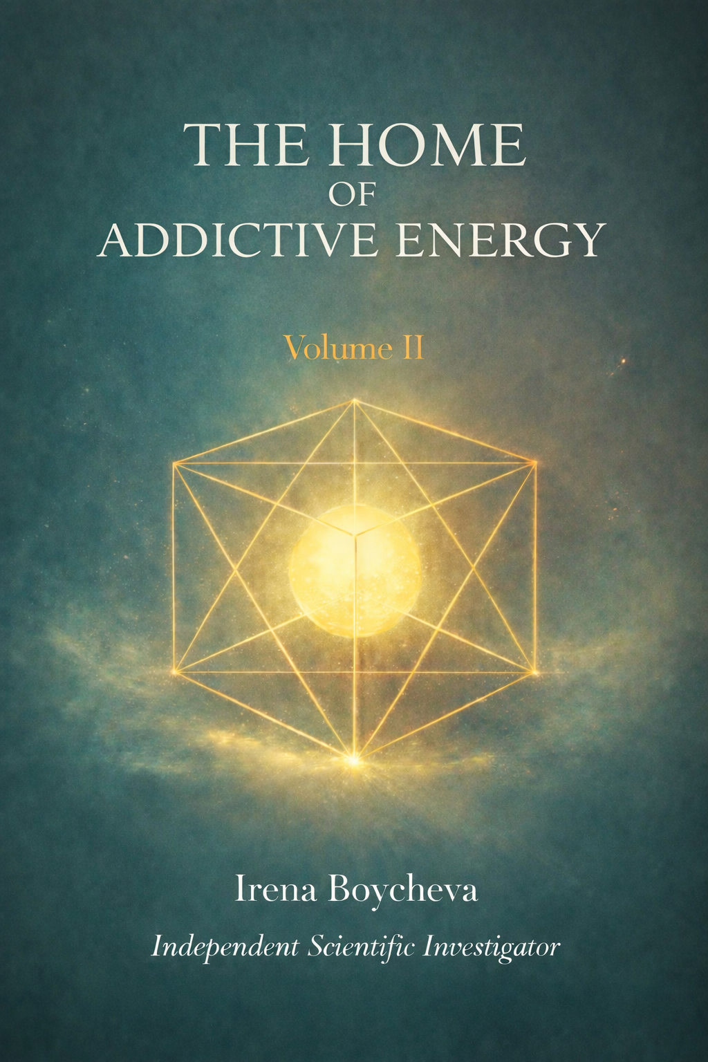 Book cover titled "The Home of Addictive Energy, Volume II" by Irena Boycheva, featuring a digital illustration of a glowing yellow sphere within an geometric structure against a greenish cosmic background.