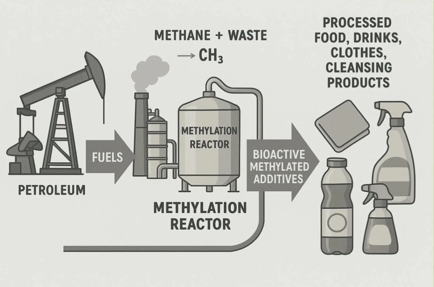 Diagram showing the process of turning petroleum into processed food, drinks, clothes, and cleaning products. It depicts petroleum being extracted using an oil rig, then processed in a methylation reactor producing methane and waste, which is then converted into bioactive methylated additives used in various consumer products.