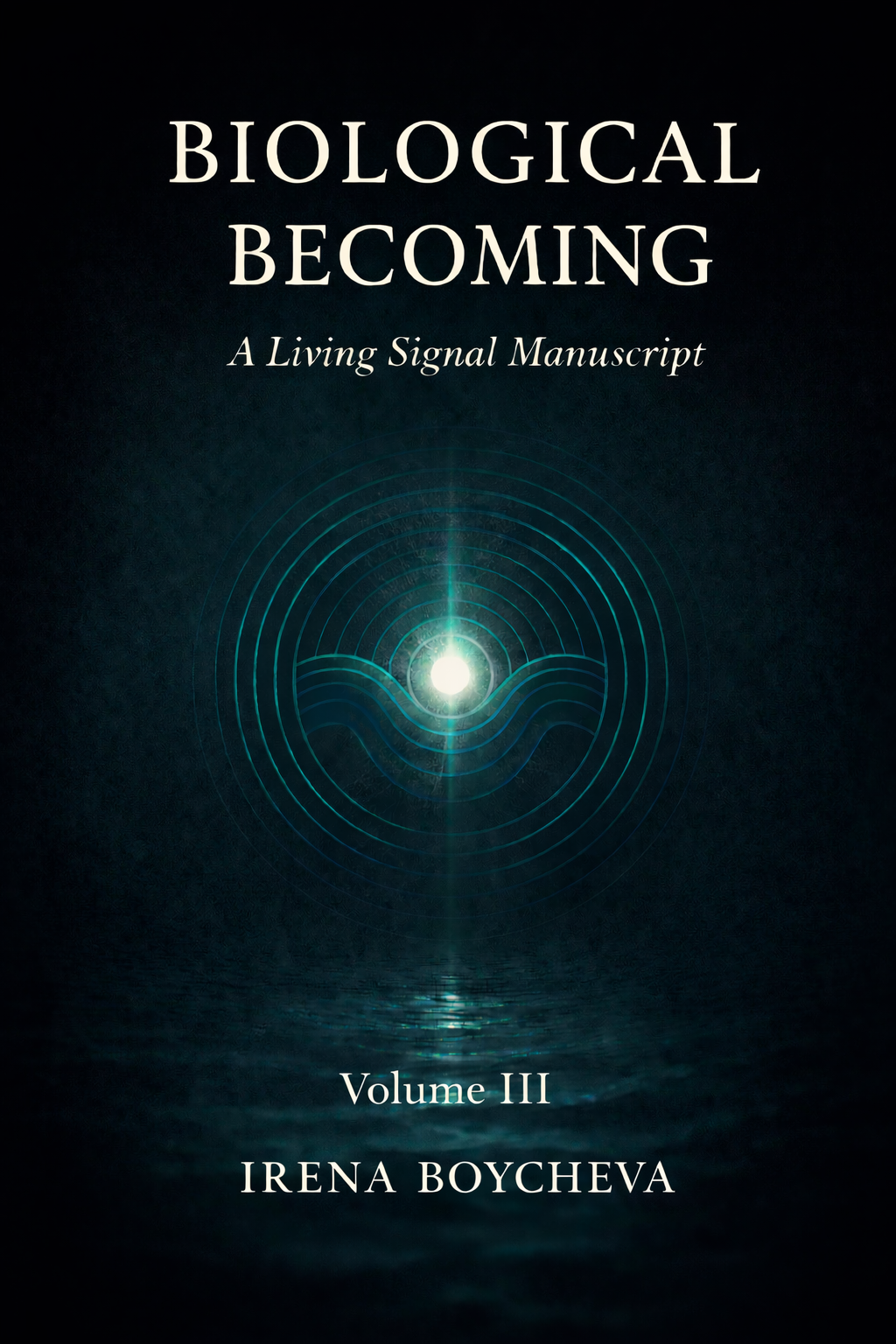 Book cover titled "Biological Becoming: A Living Signal Manuscript, Volume III" by Irena Boycheva, featuring a glowing circular design with radiating lines.