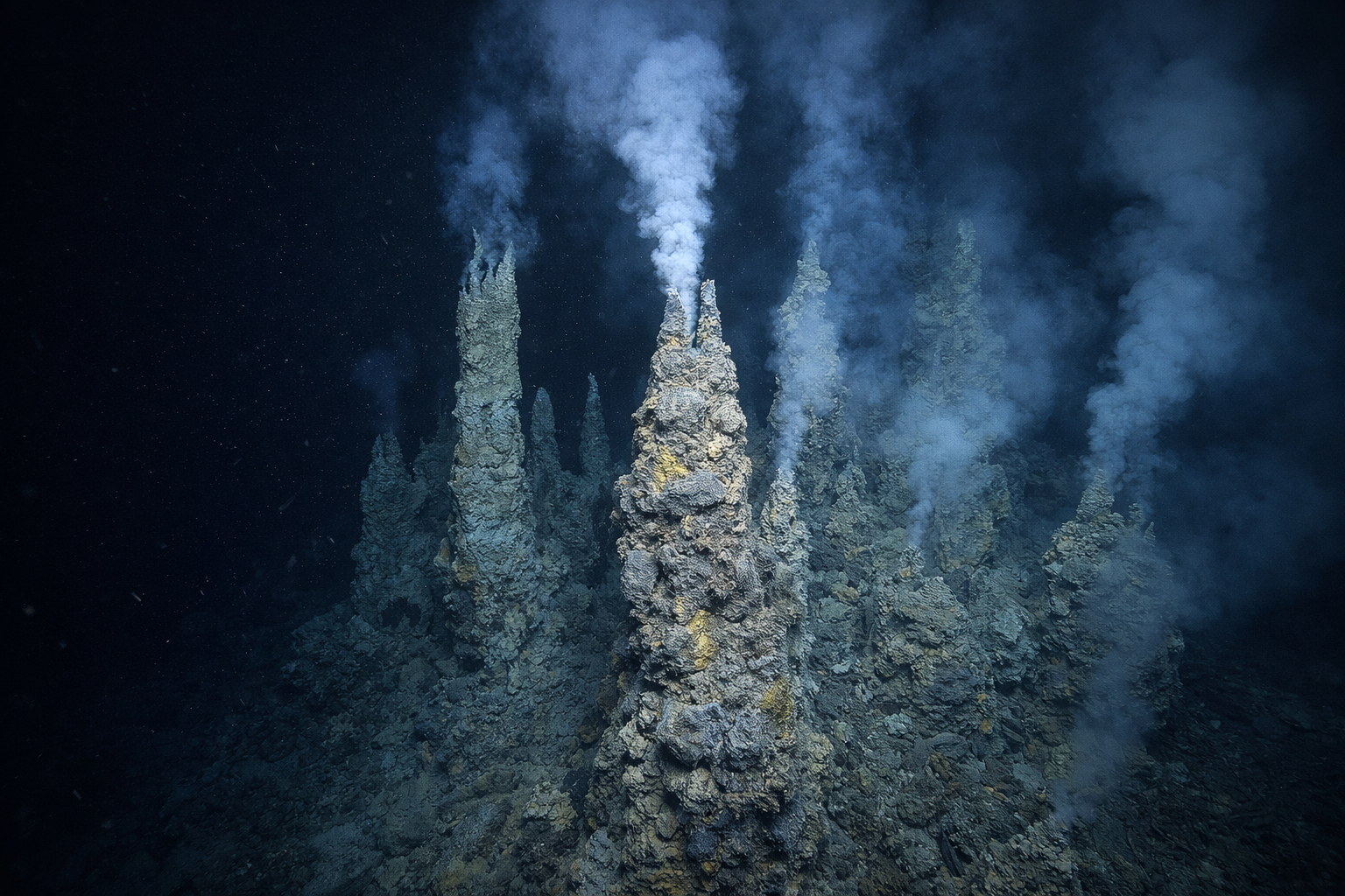 Underwater view of a volcanic geothermal area with steaming, rocky spires and smoke rising from the water, illuminated by faint underwater lighting.