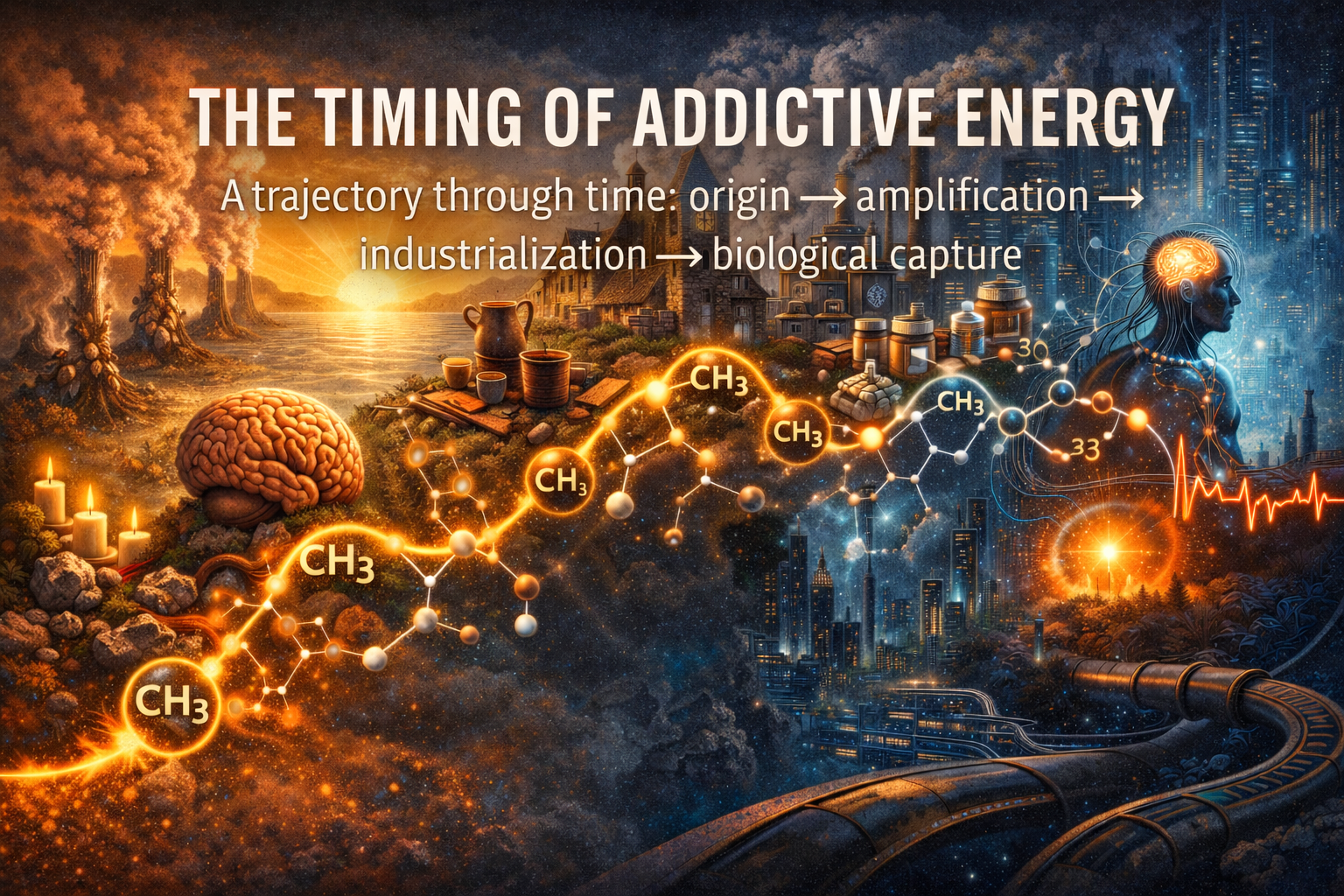 Illustration showing the evolution of addictive energy from origin to biological capture, featuring depictions of pollution, industrialization, a brain, molecular structures, a human figure with brain activity, and a city skyline.