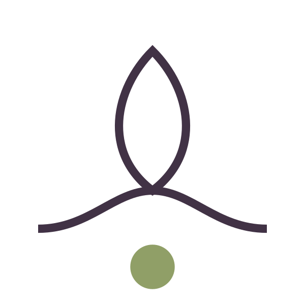 Simple stylized abstract design featuring a green circle at the bottom and purple elongated shapes above it, resembling a plant or leaf motif.