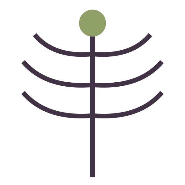 An abstract representation of a pine tree using black and green lines, with a green circle at the top.