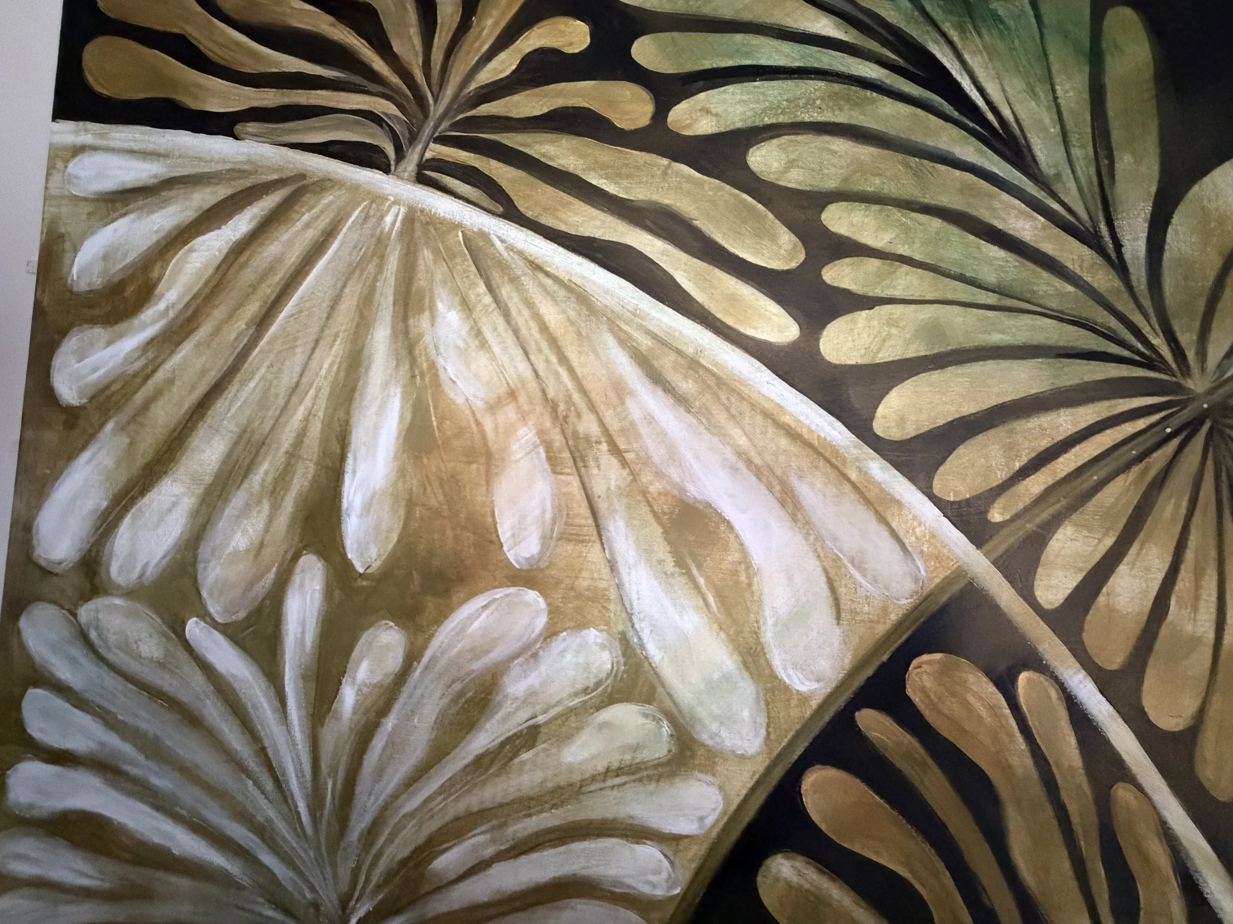 Detail of Flow botanical art print showing white and gold botanical forms along the painted arc